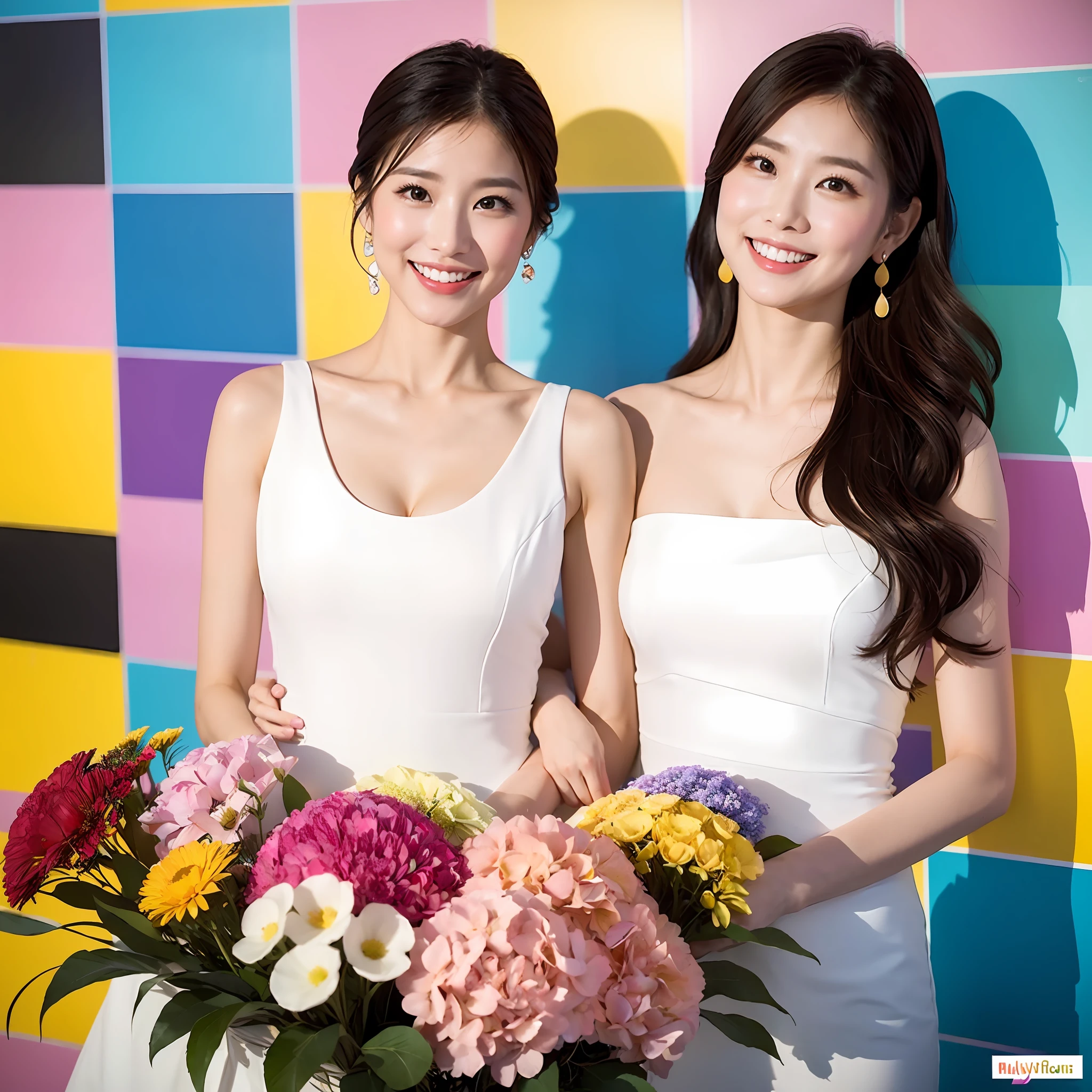 (Best Light: 1.2, Cute Korean Girl: 1.2, [White Dress: 1.3], Colorful Wall, Elegant and Colorful: 1.1, Bright and Attractive: 1.1, [Ultra-detailed: 1.2+Dynamic Pose+Delicate: 1.2],), Big breasts, smiling, holding a multicolored bouquet, the background wall is a multicolored flower wall