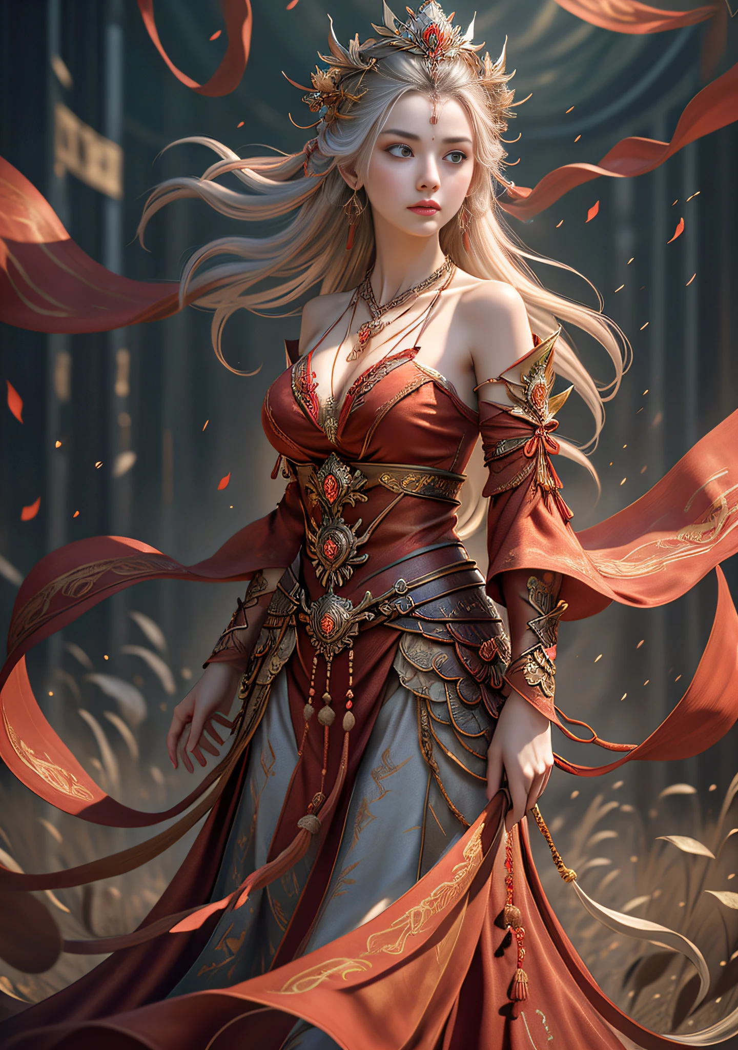 Best quality,masterpiece,ultra-detailed high res,(photorealistic:1.4),raw photo,,illustration, wanjian, multiple weapon (glowing weapon)
1 girls dancing,(solo:1.2),(cowboy shot:1.2),(hair crown:1.2), Hero suit,Strapless,(red eyeliner:1.2),(huge breasts:1.4), (v-neck:1.5), (big necklace:1.4), lace armour, (beautiful eyes :1.4), (looking at viewer:1.5), earrings,dynamic angle,Opera House,messy_long_hair,ink,cinematic lighting,lens_flare, Velvet, chrysanthemum,Tassel,Ribbon,color embroidery, white gold red,
