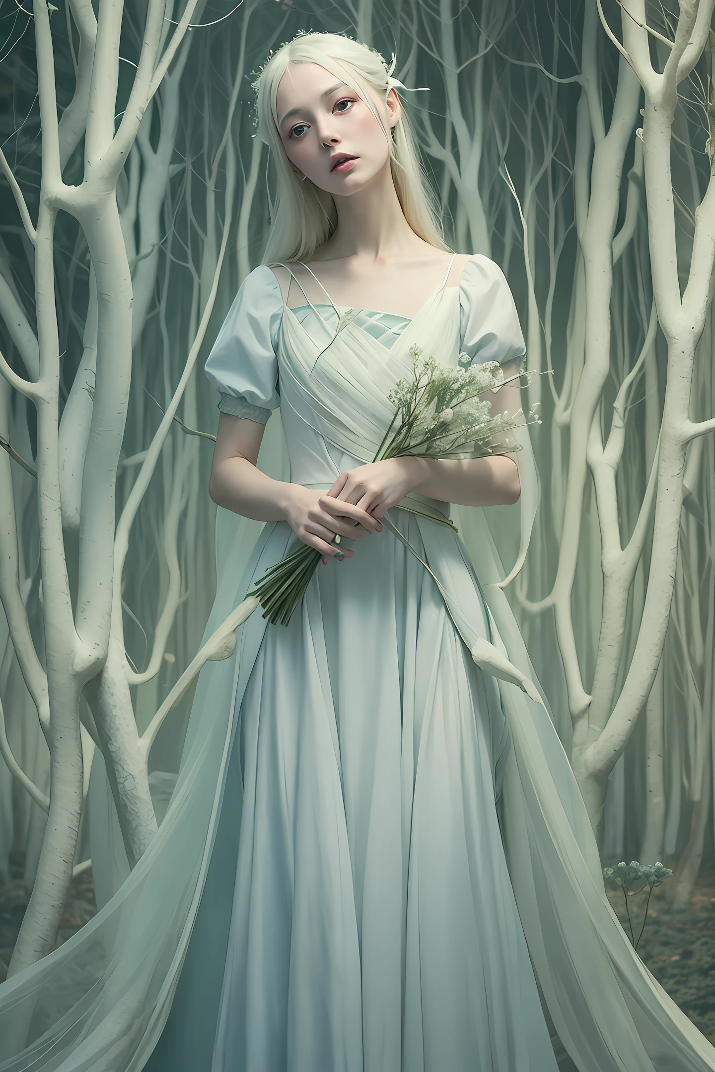 Closeup Image of a woman in a white dress, in the style of whimsical yet eerie animal symbolism, Daria Petrilli, ethereal trees, zhang jingna, stephen mackey, full body, light yellow and dark blue