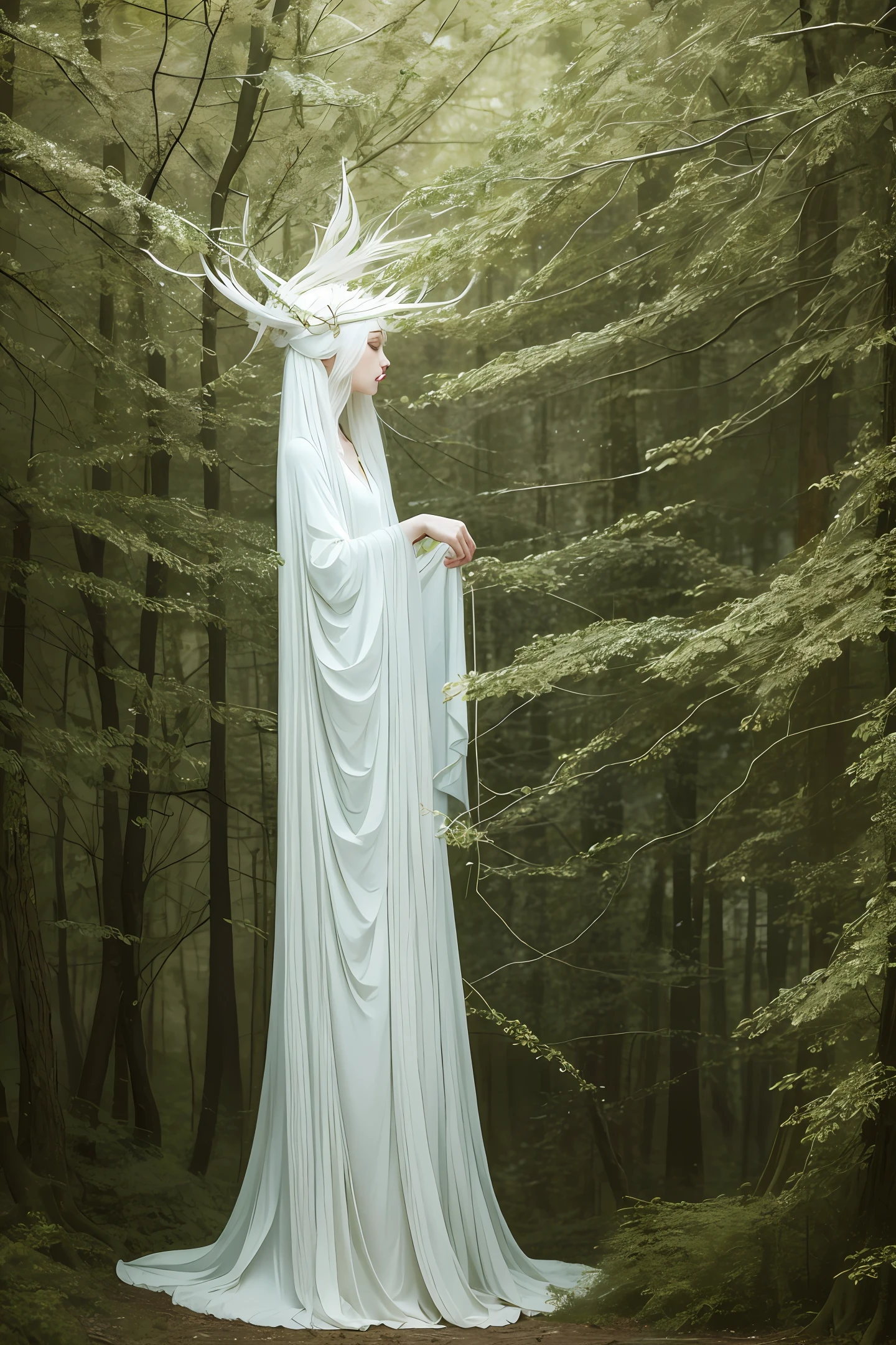 Closeup Image of a woman in a white dress, in the style of whimsical yet eerie animal symbolism, Daria Petrilli, ethereal trees, zhang jingna, stephen mackey, full body, light yellow and dark blue