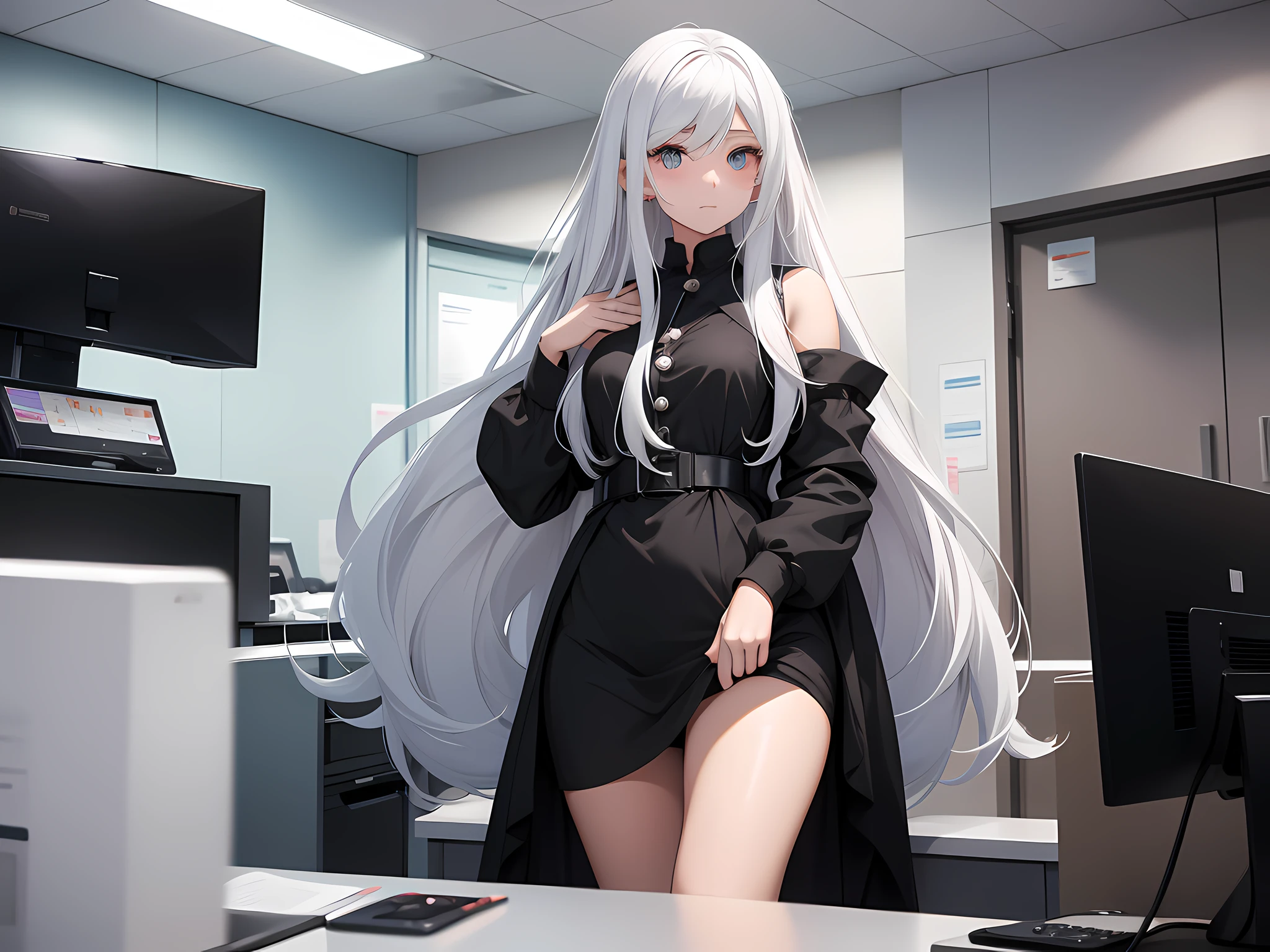 A girl with long white hair in a black dress stands at the hospital counter to complete the discharge formalities