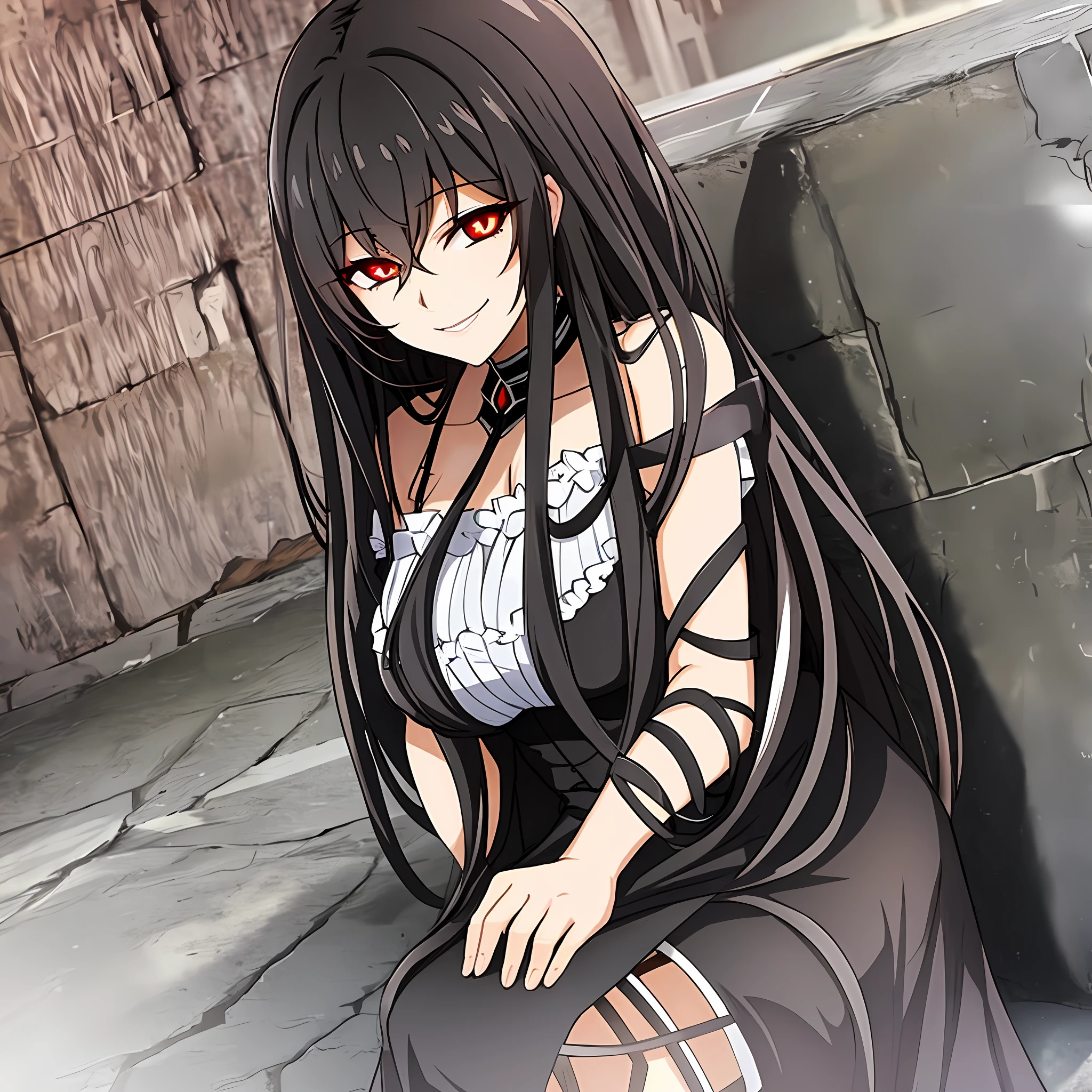 Woman sitting on the edge of the wall in a long black dress, blood-colored pupils, with an evil smile, and elegant, slightly curly brown-black long hair, anime, dark alley