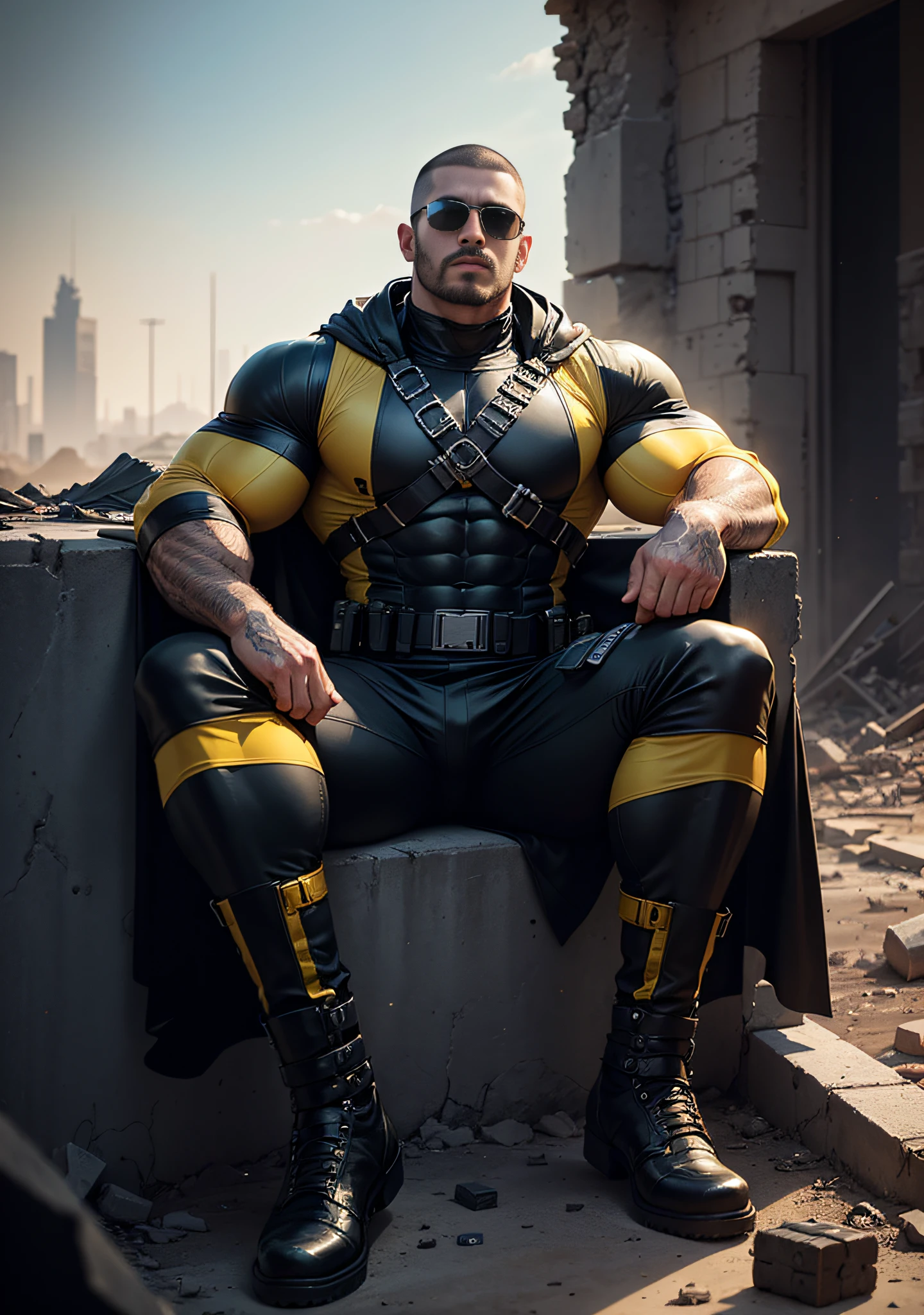 Arad man in yellow and black clothes sitting in desolate ruins, muscle male hero, Buzz Cut, tall, burly, muscular! Wearing black sunglasses, tall burly and strong, stealth suit, super buff and cool, high resolution committee, character design police, black military boots, attractive strong male