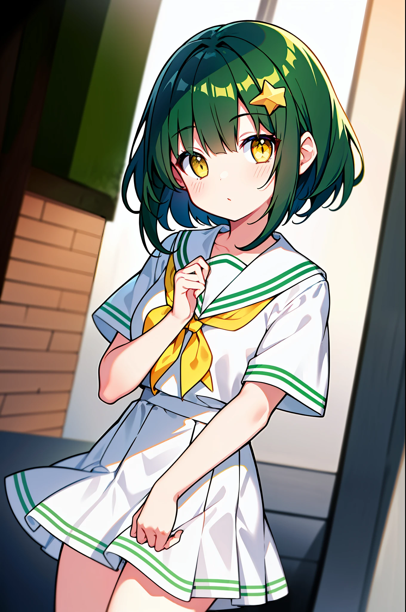 masterpiece, top quality, one girl, dark green hair, medium hair, yellow eyes, star hair ornament, viewer gaze, 3, cute, short sleeved white sailor suit, outdoor, street,