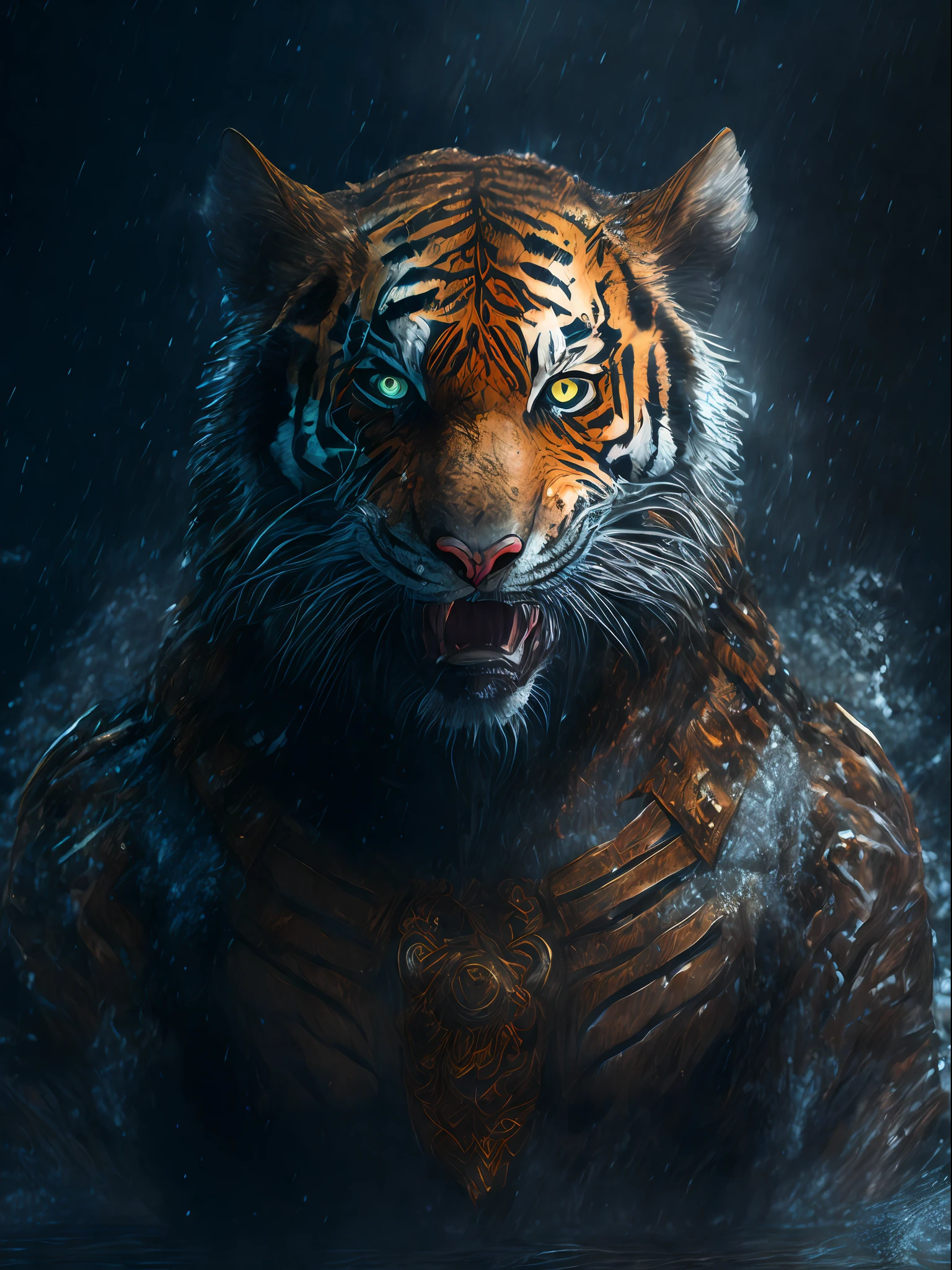 Tiger GOD, surreal, tense, cold, highly detailed, sharp, professional, 8k UHD, movie, dark, violent, outdoor, river, battle, chase, dramatic, vivid, tense atmosphere, rendering, epic, twilight, HDR, album cover, blizzard, lightning, disaster