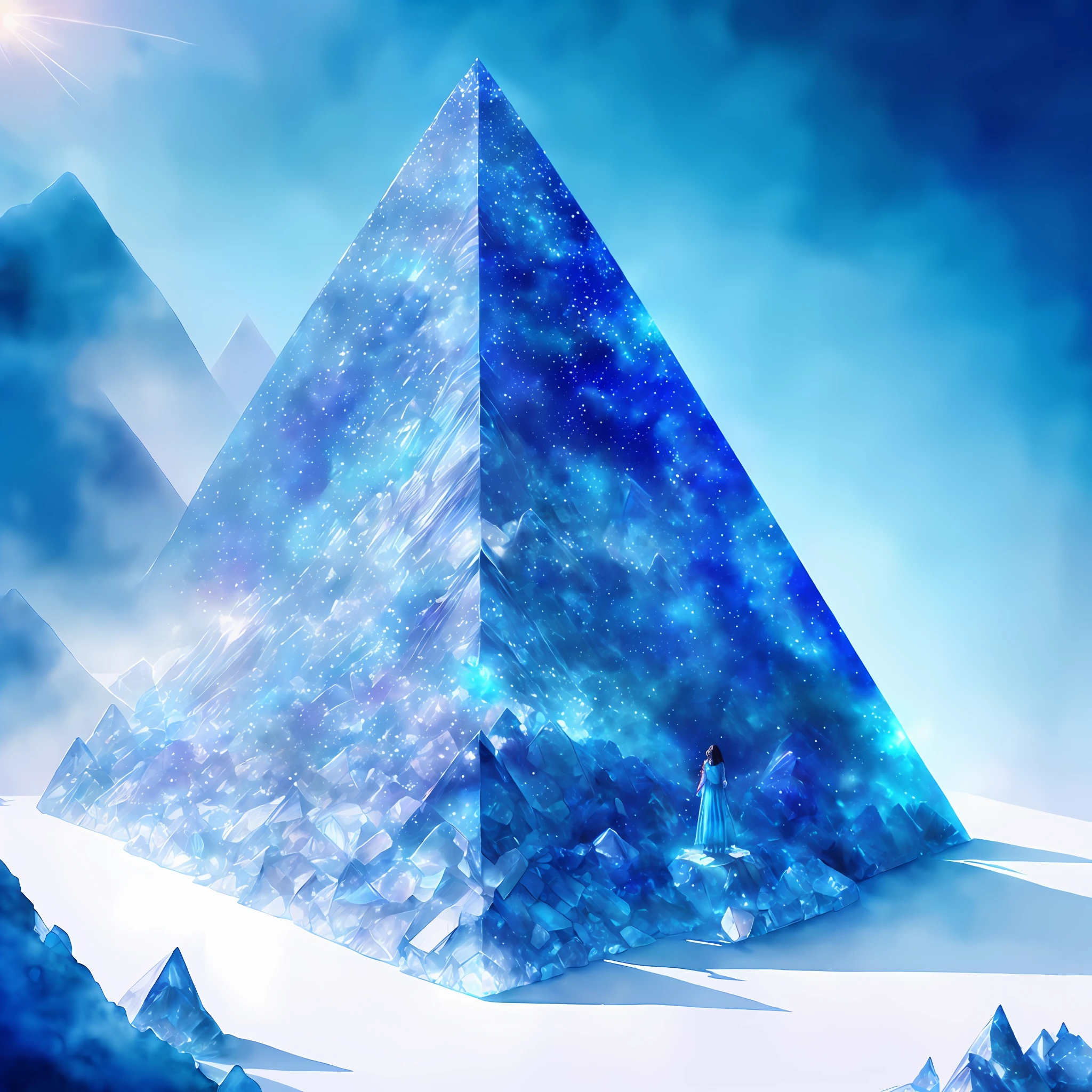 (ultra-detailed CG artwork, masterpiece quality, breathtaking), female, floating crystal pyramid, (mesmerizing illumination combined with perfect shadow),(wide shot,vivid blue background),(no people), mystical atmosphere, unreal, (watercolor effect: 1.2), high resolution