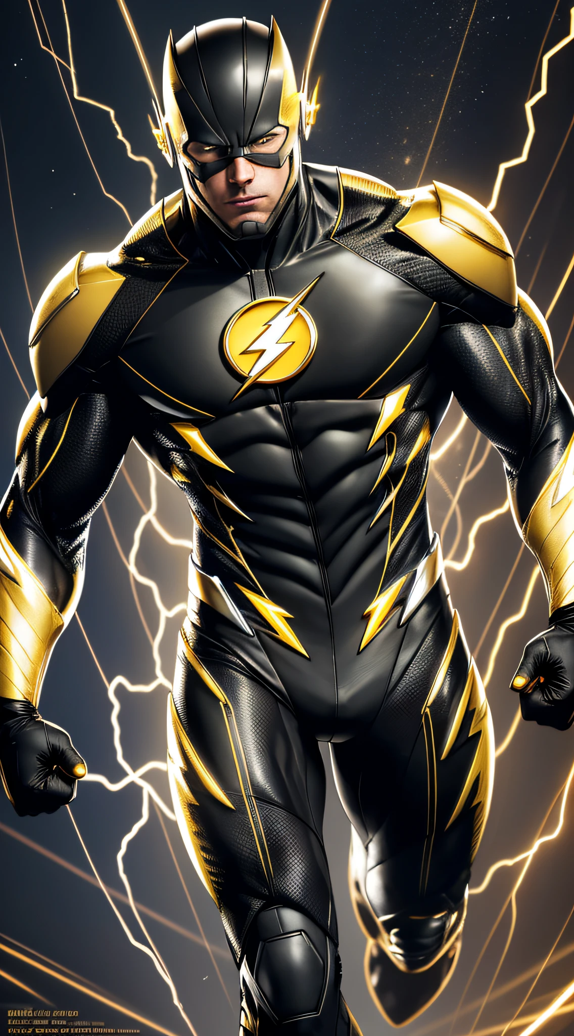 The Flash, best quality, high resolution, tall, muscular, hunk, black and yellow glowing suit, light gold lightning trail, black and yellow lightning symbol on the chest, detailed face, detailed suit, masterpiece, tunnle of light in the background, 4k, raw photo