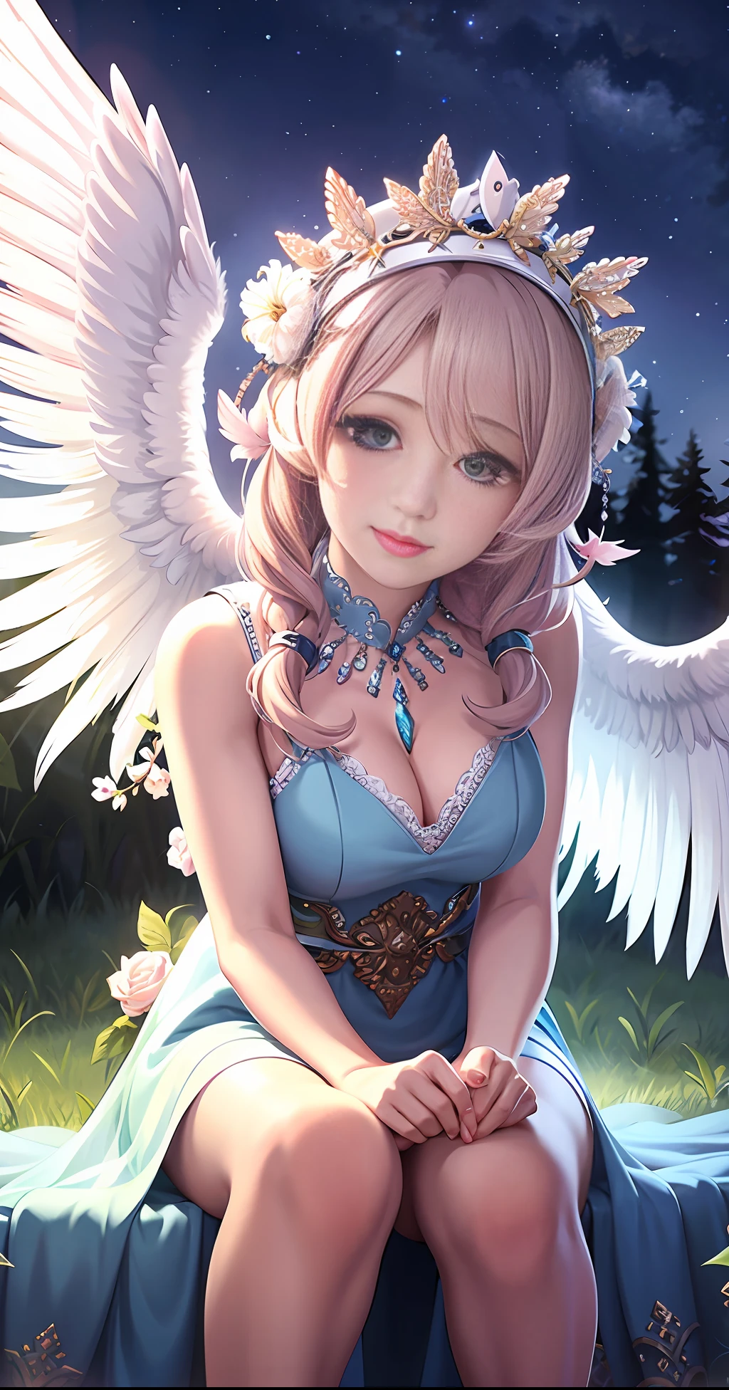 A beautiful angel with feathered wings looks up at the night sky (gorgeous face)) sits in an open marble gazebo in the night garden, surrounded by white birds flying around her, illuminated by the moon, intricate detailed professional lighting, high resolution, 8k, studio light