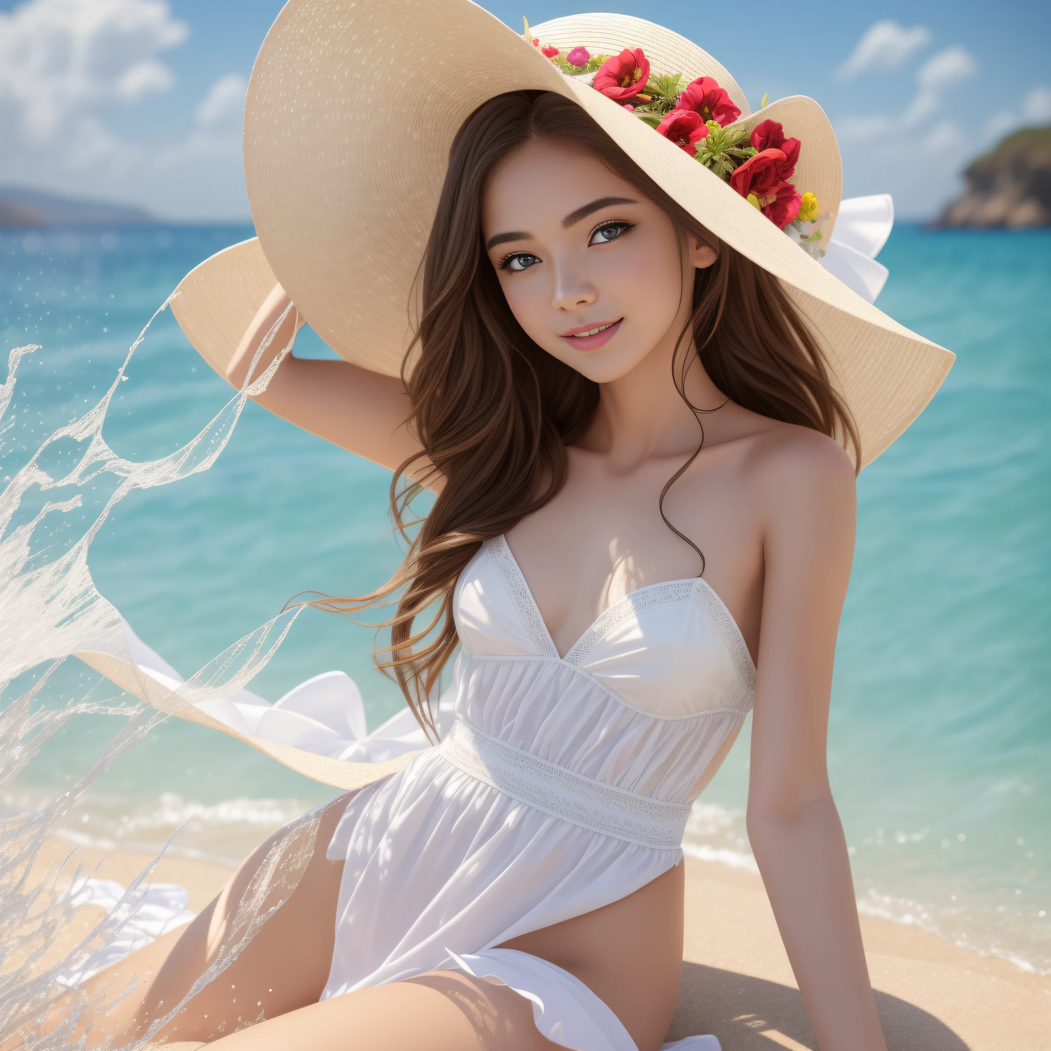 (8K:1.27), Best Quality, Masterpiece, Ultra High Resolution:1.2 On the seaside reef Sit sideways and smile back Beauty in white dress No waist Bright eyes Red lips Sweet smile Pastoral straw hat Colorful gauze hat Flying in the wind Delicate facial features 8K HD Small white booties Best ratio Large aperture Bokeh 1.4 aperture The background is blue sea Splash Girl thin waist Long legs HD skin Sweet look Dreamy aesthetic Super detailed face, detailed skin, high texture skin, highly detailed lips, detailed eyes, double eyelids, Long eyelashes --auto --s2