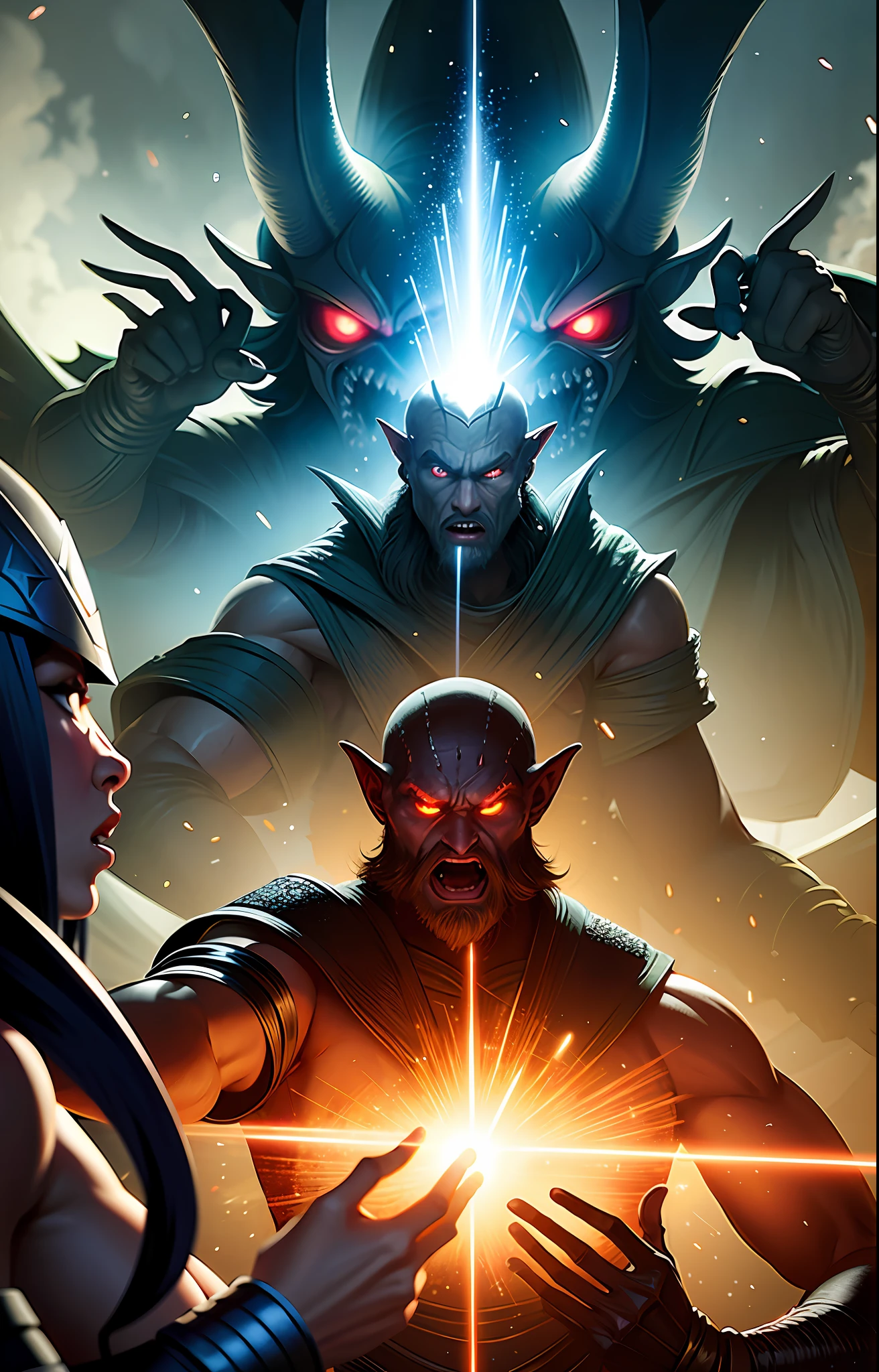 Two armies face off in an epic confrontation: on one side, an army of terrifying demons, with their grotesque forms and evil powers; on the other, an army of elves and wizards, with their grace and ancestral wisdom. The battlefields are engulfed in flames and magic, while light and darkness battle for supremacy. Amid the chaos, heroes emerge, wielding legendary weapons and channeling divine powers. It is a battle between evil and hope, where courage and magic intertwine in a deadly dance.