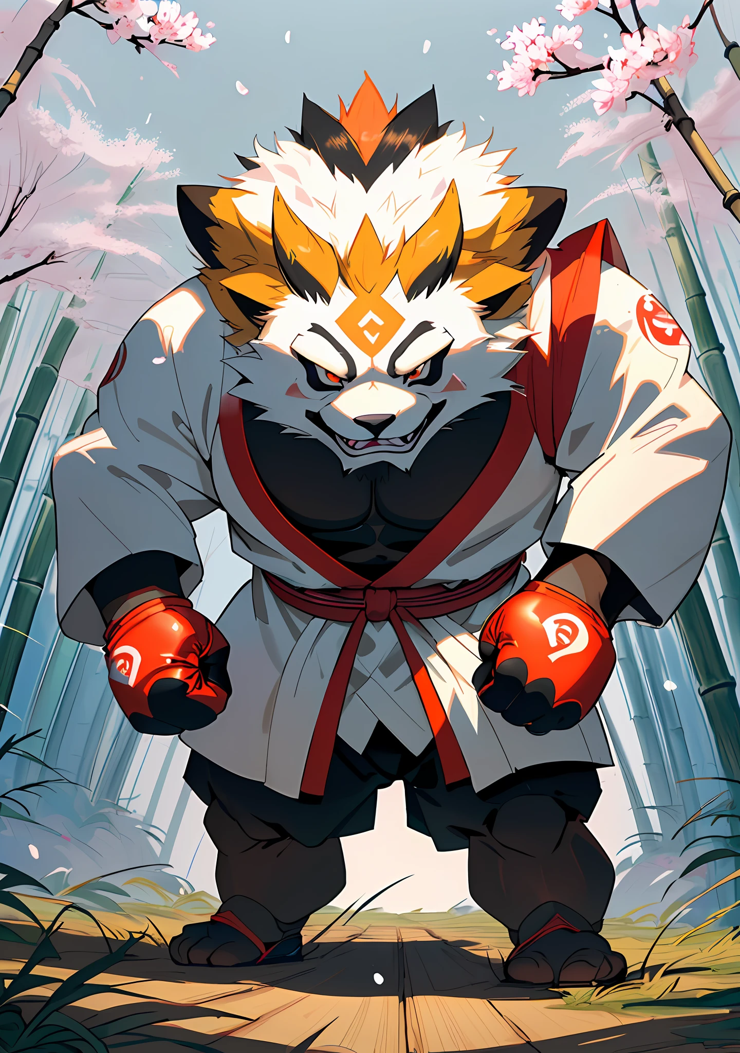 A panda in sumo clothing transformed into a Pokémon while standing on top of a mountain in Japan, surrounded by bamboo trees and sakura flowers falling from the sky. ((in the style of traditional Japanese ink painting)), ((with a strong contrast between light and shadow)), vivid colors, in high resolution and ((including a in the background, looking up in amazement at the scene)) ((amber pupils)) ((hairy)) ((HD)) ((4K)) (((physical fighter, intimidating and defensive)) ((masterpiece)) ((symmetrical)) ((drawing style of Ken Sugimori)) ((artwork)) ((boxing gloves)) ((legendary)) ((high)) ((pokemon)) ((looking at the spectator)).