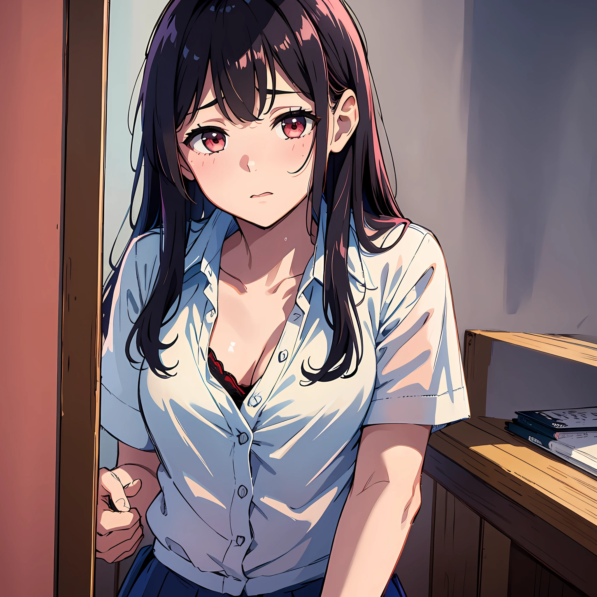 Little sister, wearing school uniform, wet and bra see-through, 8K, best quality, 14 years old, looking at camera, cheeks red, embarrassed, delicate hands, own room, I like my brother, let my brother rub my chest