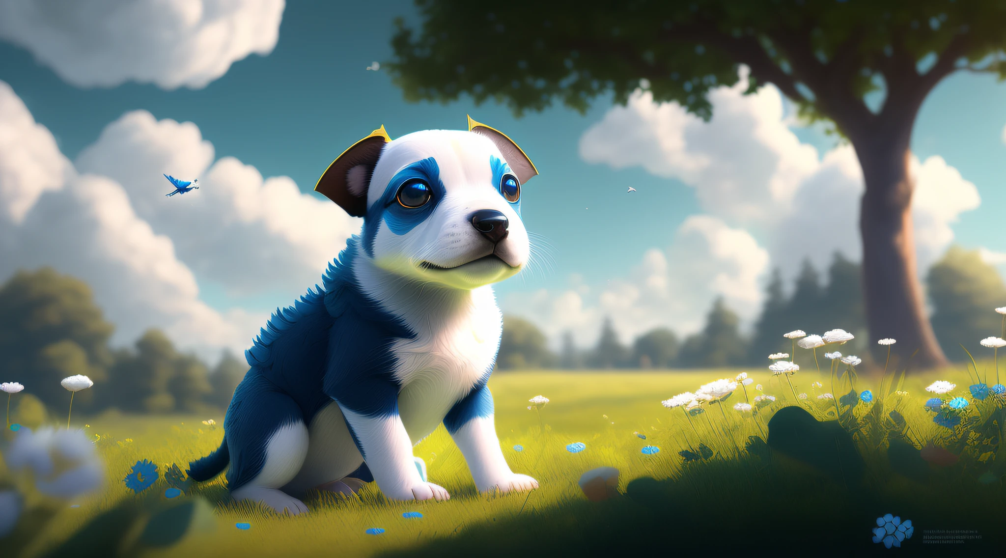 Cute (dicuki:1.1) portrait as (puppy:0.9), digital art, meadow, big tree, blue sky and white clouds, trending artstation, 4k, high detail