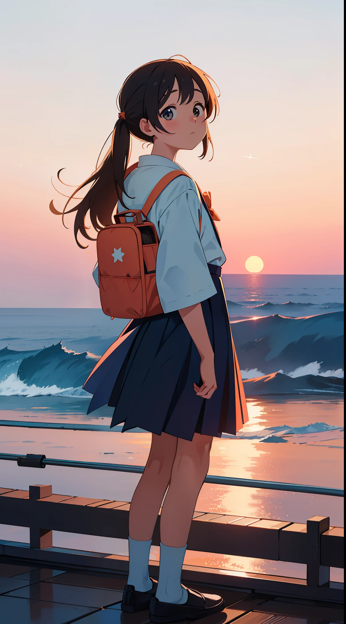 1 girl, standing back to the viewer, facing at the sky, orange blue sky, perfect sky condition, kimi no nawa sky, sunset sky, detailed japanese high school uniform, detailed sky, a little bit star, ocean, 8k