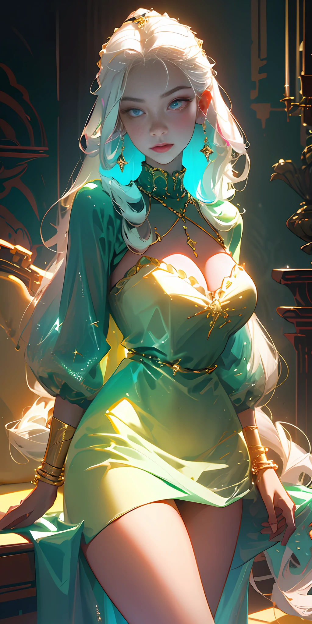 (((multicolored hair, [white hair]))), ultra realistic 8k cg, picture-perfect face, flawless, clean, masterpiece, professional artwork, famous artwork, cinematic lighting, cinematic bloom, perfect face, beautiful face, beautiful eyes, (((perfect female body, narrow waist))), gorgeous queen, royal, divine, goddess, godlike, (royal palace), fantasy, dreamlike, unreal, science fiction, (huge breasts), beautiful clothes, lace, lace trim, lace-trimmed legwear, nsfw, breasts out, absurdly long hair, very long hair, (rich:1.4), prestige, luxury, jewelry, diamond, gold, pearl, gem, sapphire, ruby, emerald, intricate detail, delicate pattern, sexy, charming, alluring, seductive, erotic, enchanting, hair ornament, necklace, earrings, bracelet, armlet, looking at viewer,