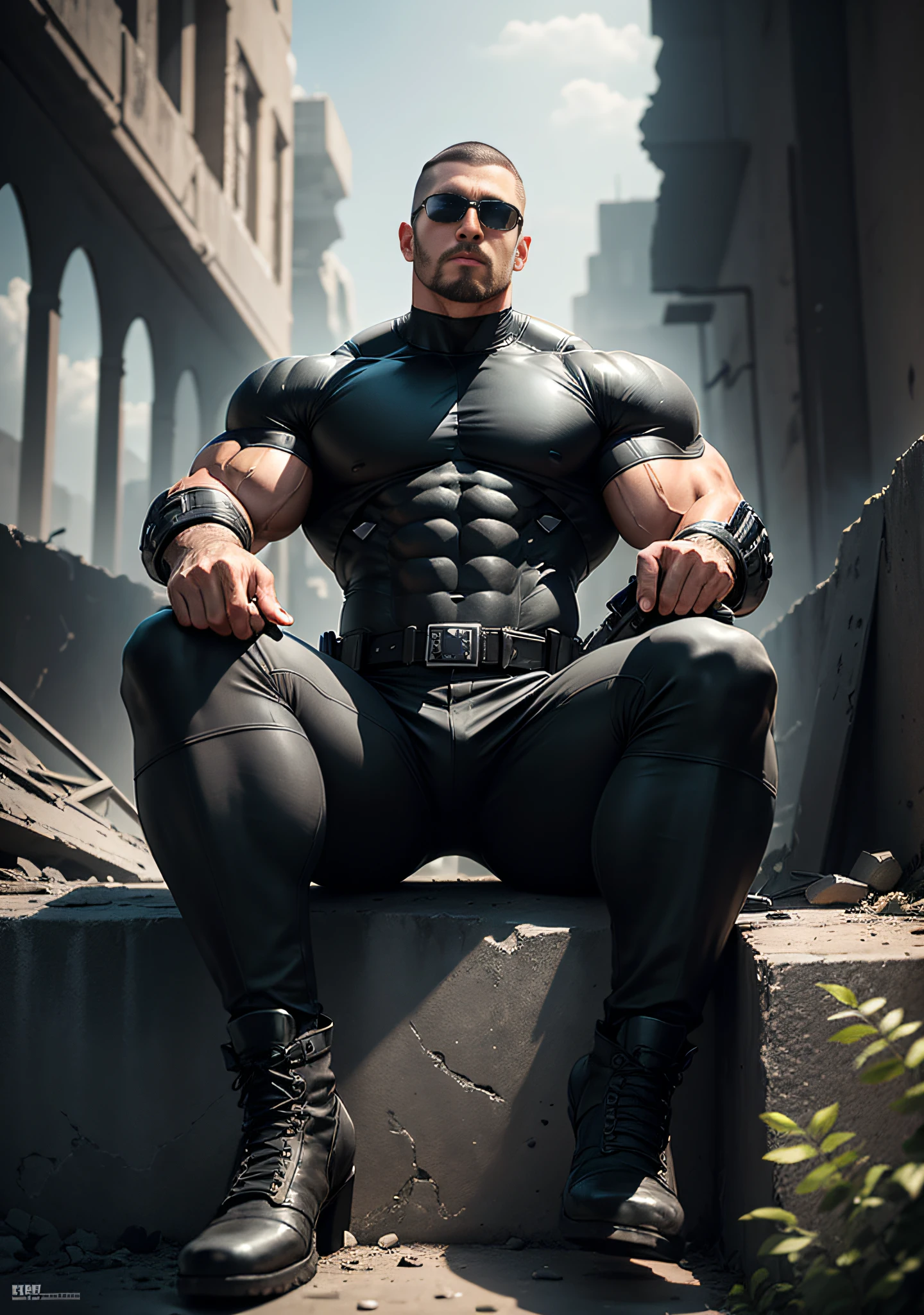 Arad man in gray and black clothes sitting in desolate ruins, muscle male hero, Buzz Cut, tall, burly, muscular! Wearing black sunglasses, tall burly and strong, stealth suit, super buff and cool, high resolution committee, character design police, black military boots, attractive strong male