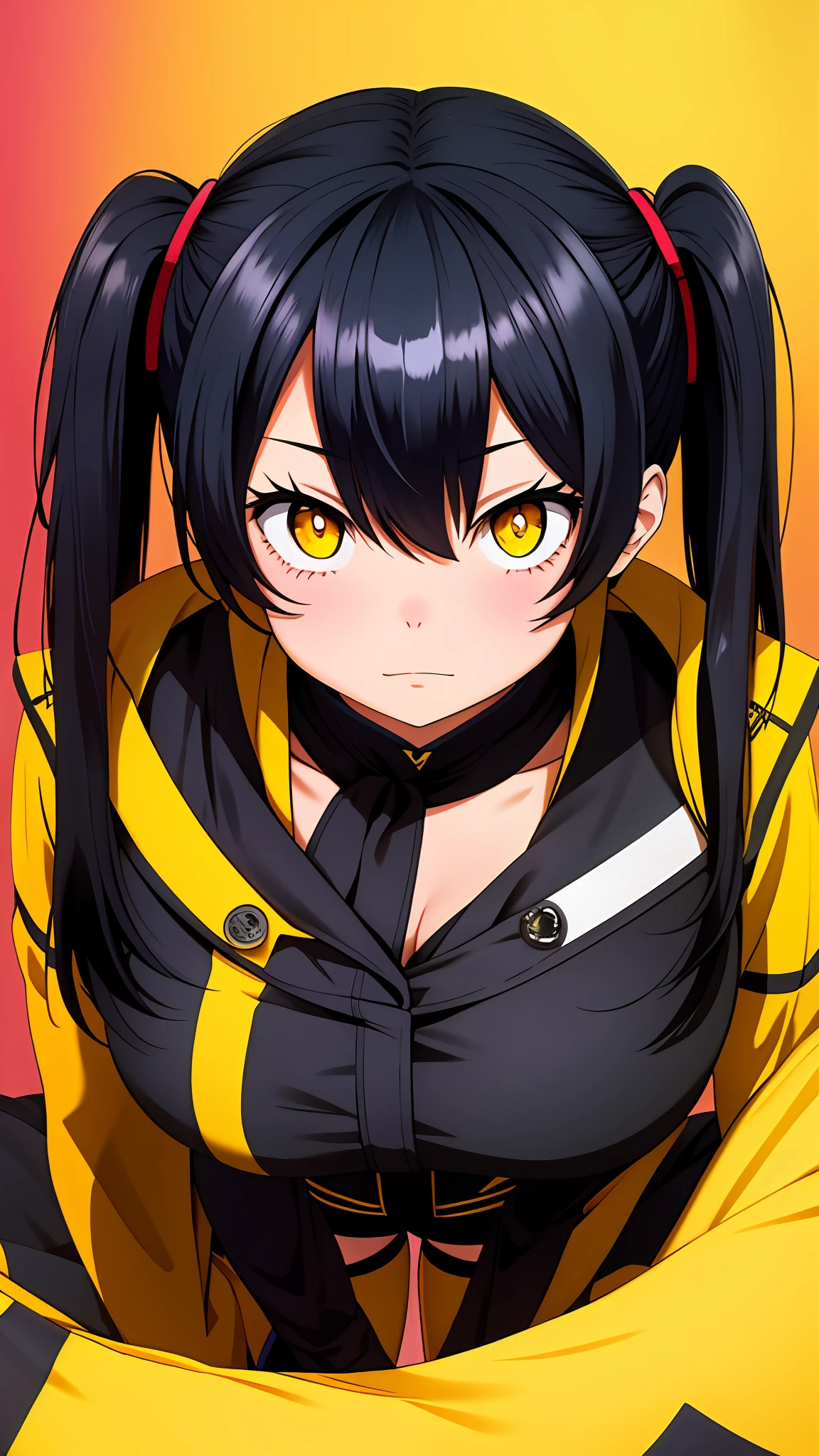 (tamaki kotatsu),, from below, facing viewer, face close up, no cleavage, yellow eyes, black hair, twintail, busty, solid background, full body, 8k, absurd quality, beautiful face, hands out of frame,absurd res, high res, (masterpiece:1.4), ultra-detailed, 1girl, from front, jumping, stockings, black hair, heart shape eyes, yellow eyes, garter belt, yandere, twintail, extremely detailed eyes, extremely detailed breasts