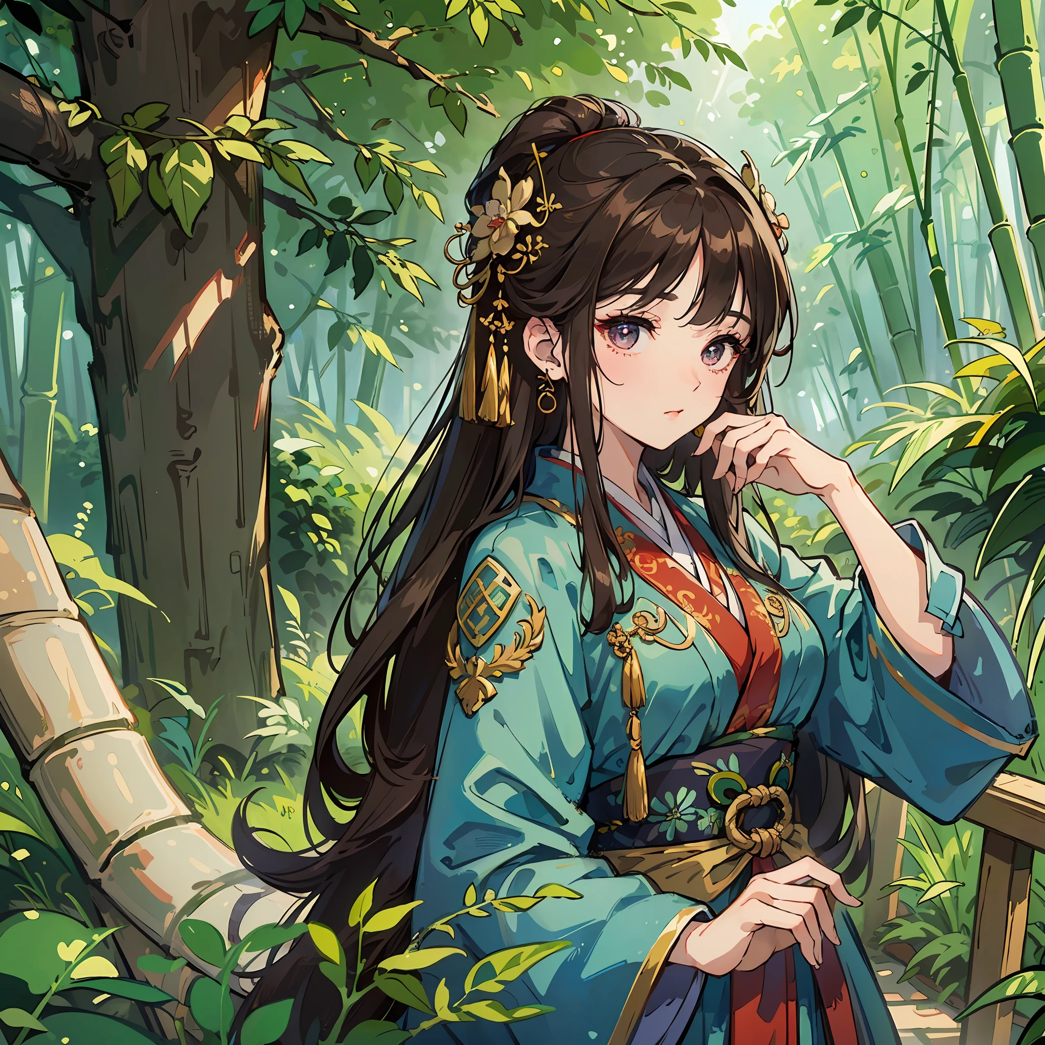 ((Best Quality, 8K, Masterpiece: 1.3)), Bamboo Forest in the background, An Antique Maiden: 1.4, , Dark Brown Hair, , Hanfu, HD Face Detailed eyes, Double eyelids --auto --s2