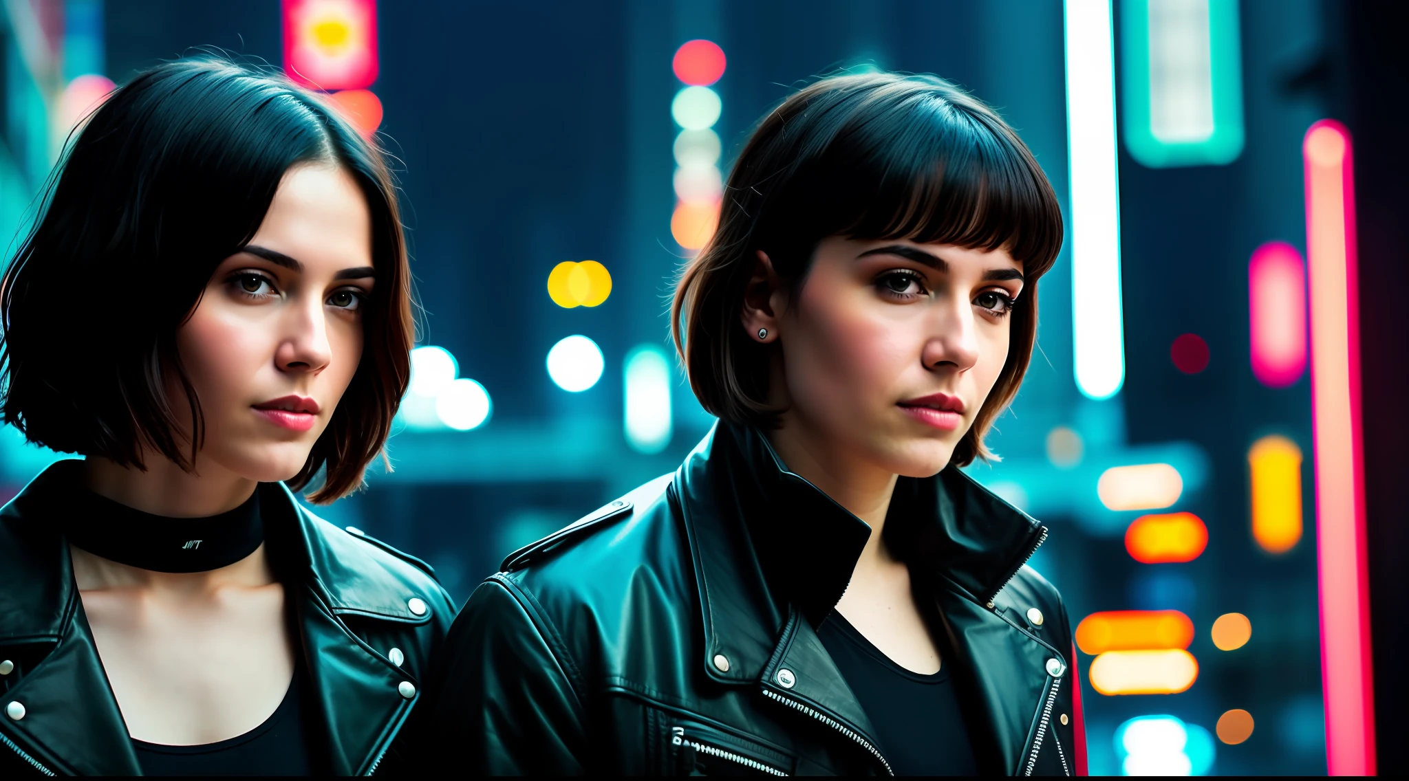 award-winning photo from waist up, close-up portrait of a 45-year-old brutal man in deserter ((cyberpunk)) clothes, portrait of one (brunette: 1.2) (solo), long haircut, pale skin, slim body, cyberpunk city background, night, neon (highly detailed skin: 1.2), 8k uhd, dslr, soft lighting, high quality, film grain, Fujifilm XT3