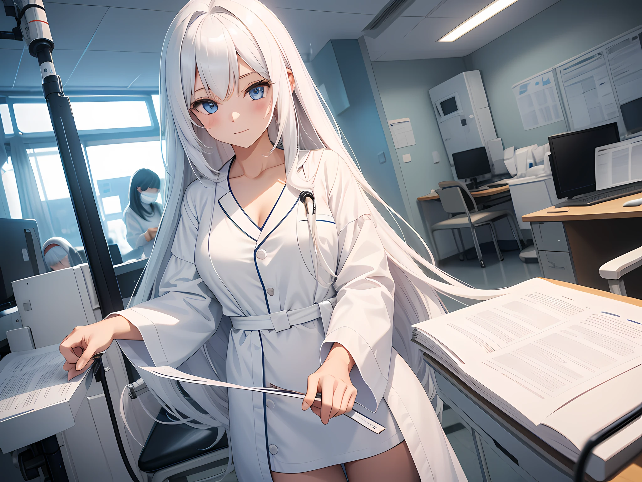 A girl with long white hair in a hospital gown signs a contract in the ward