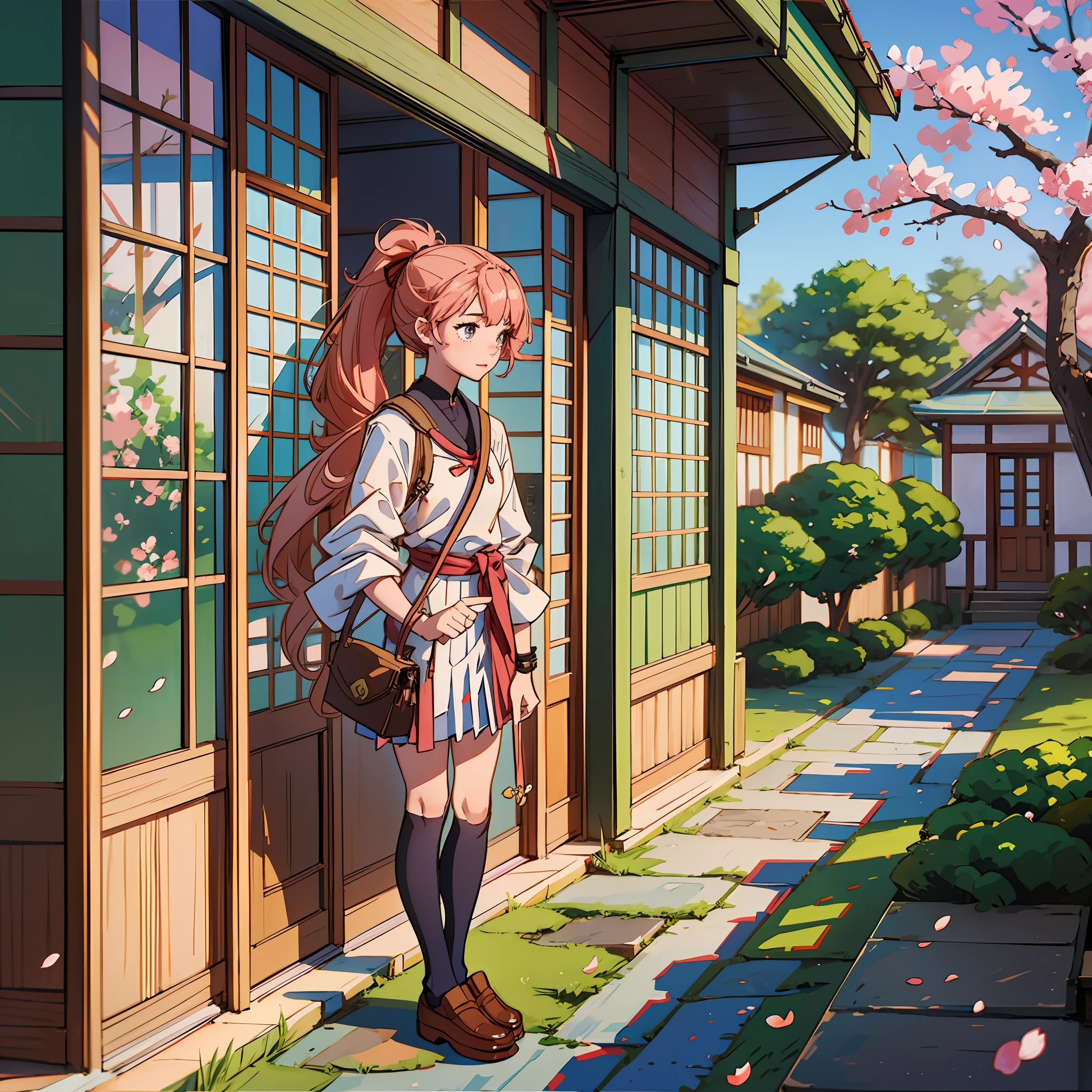 Character: A girl with a gentle and serene expression, wearing a traditional Japanese school uniform.
Hair: Long, straight hair with a slight wave, tied up in a high ponytail with a cute ribbon.
Eyes: Large, almond-shaped eyes with a soft and innocent gaze, adorned with long eyelashes.
Face: A fair and flawless complexion, rosy cheeks, and a gentle smile.
Clothing: A traditional Japanese school uniform, consisting of a pleated skirt, a fitted blazer, knee-high socks, and loafers.
Accessories: A school bag slung over one shoulder, adorned with a cute keychain or charm.
Scenery: A serene and picturesque school courtyard with cherry blossom trees in full bloom, a small pond with koi fish, and stone pathways.
Lighting: Soft and warm sunlight filtering through the cherry blossom trees, casting a gentle glow on the girl.
Prompt: Create a beautiful illustration of a girl in a traditional Japanese school uniform, standing in a serene school courtyard adorned with cherry blossom trees. The girl has a gentle and serene expression, with long, wavy hair tied up in a high ponytail. Her eyes are large and almond-shaped, radiating innocence and curiosity. She wears a pleated skirt, a fitted blazer, and knee-high socks, with a school bag slung over one shoulder. The courtyard is filled with the delicate fragrance of cherry blossoms, with sunlight filtering through the trees, creating a peaceful and soothing atmosphere. The girl stands by a small pond, watching the colorful koi fish swim gracefully. --auto --s2