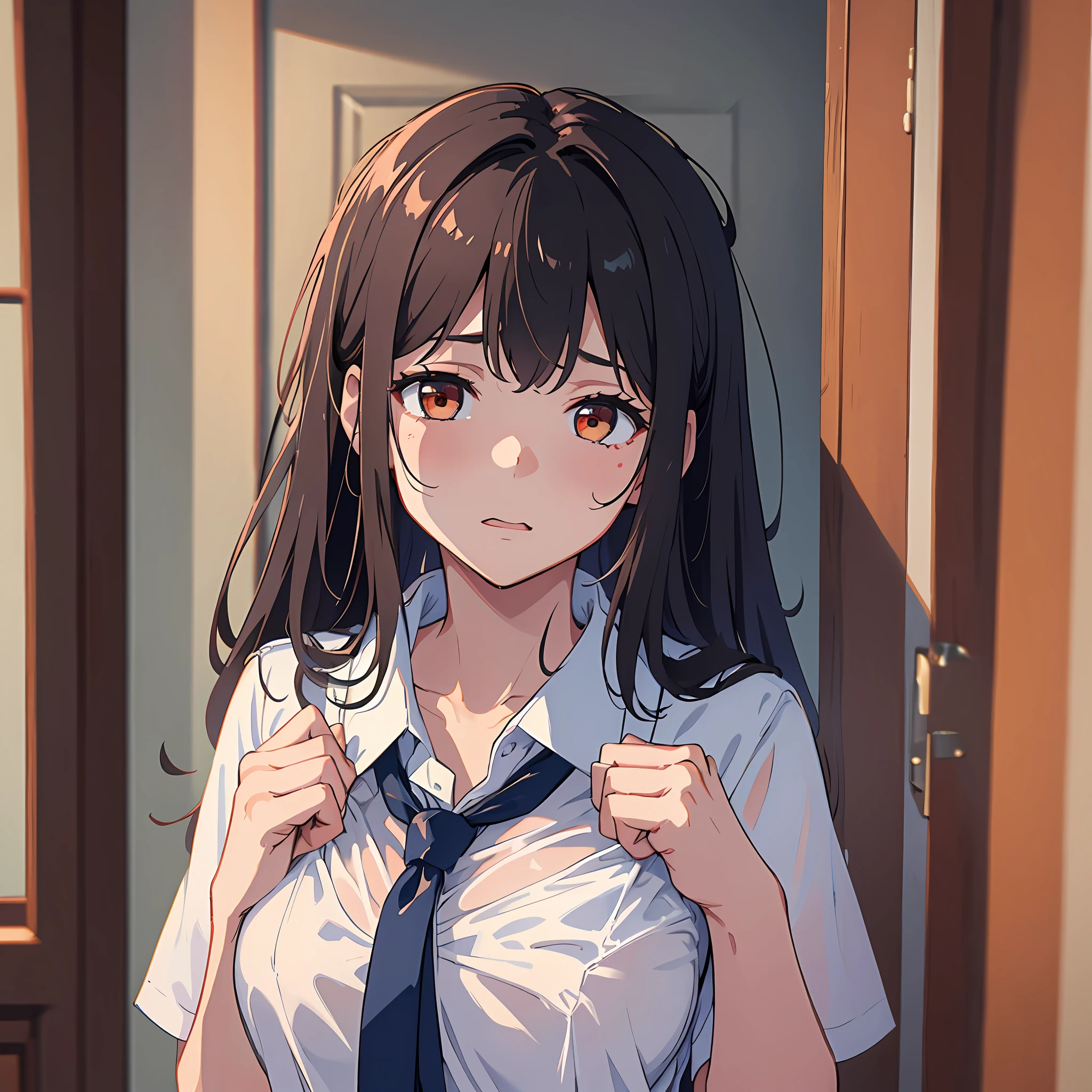 Sister, wearing school uniform, wet and bra see-through, 8K, Best quality, , looking at camera, red cheeks, embarrassed, delicate hands, own room, I like my brother, I put my brother's hand on my chest