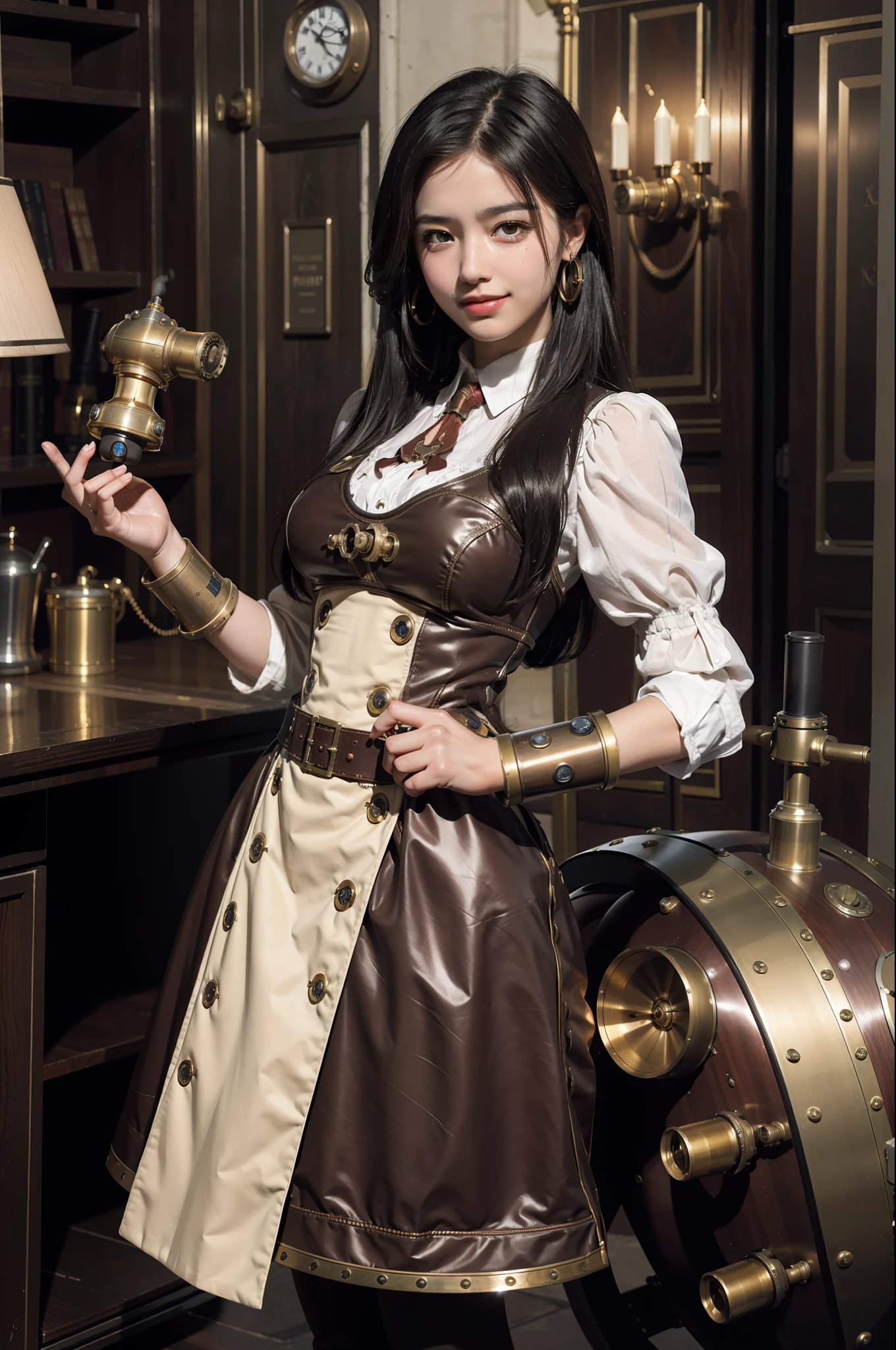 Best Quality, Masterpiece, Ultra High Resolution, Steampunk, Bronze City, Robotic Arm, Heavy Machinery, Steam Engine, Classical British Style, 1girl, 14 years old beautiful girl, Tifa, Asian face, British costume, monocle, alchemist, smile, upper teeth,