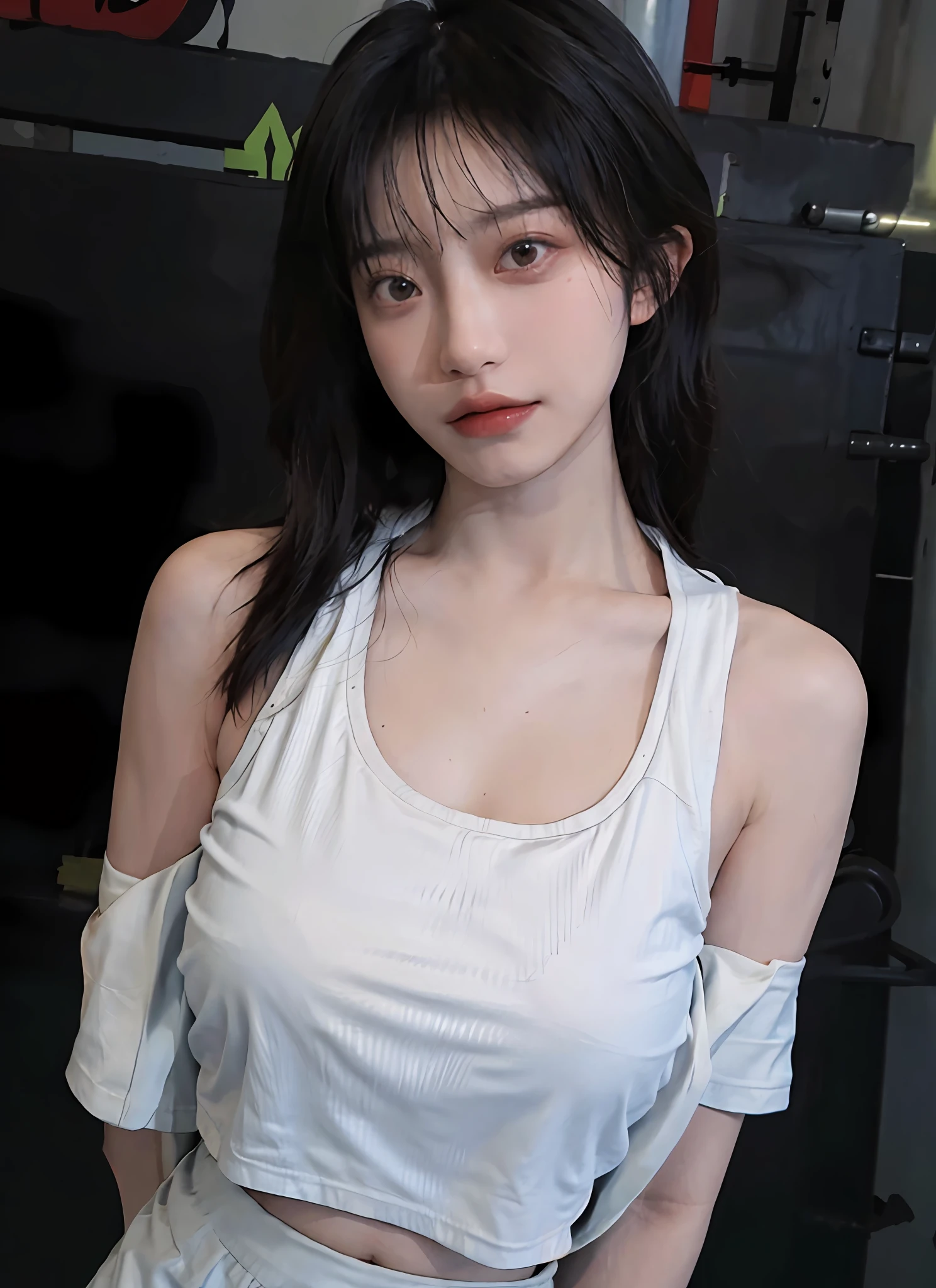 Best quality,masterpiece,ultra high res,(photorealistic:1.4),1girl,sexy,(crop top:1.2),(gym uniform:1.2),(large breast:1.3),(upper body:1.4)