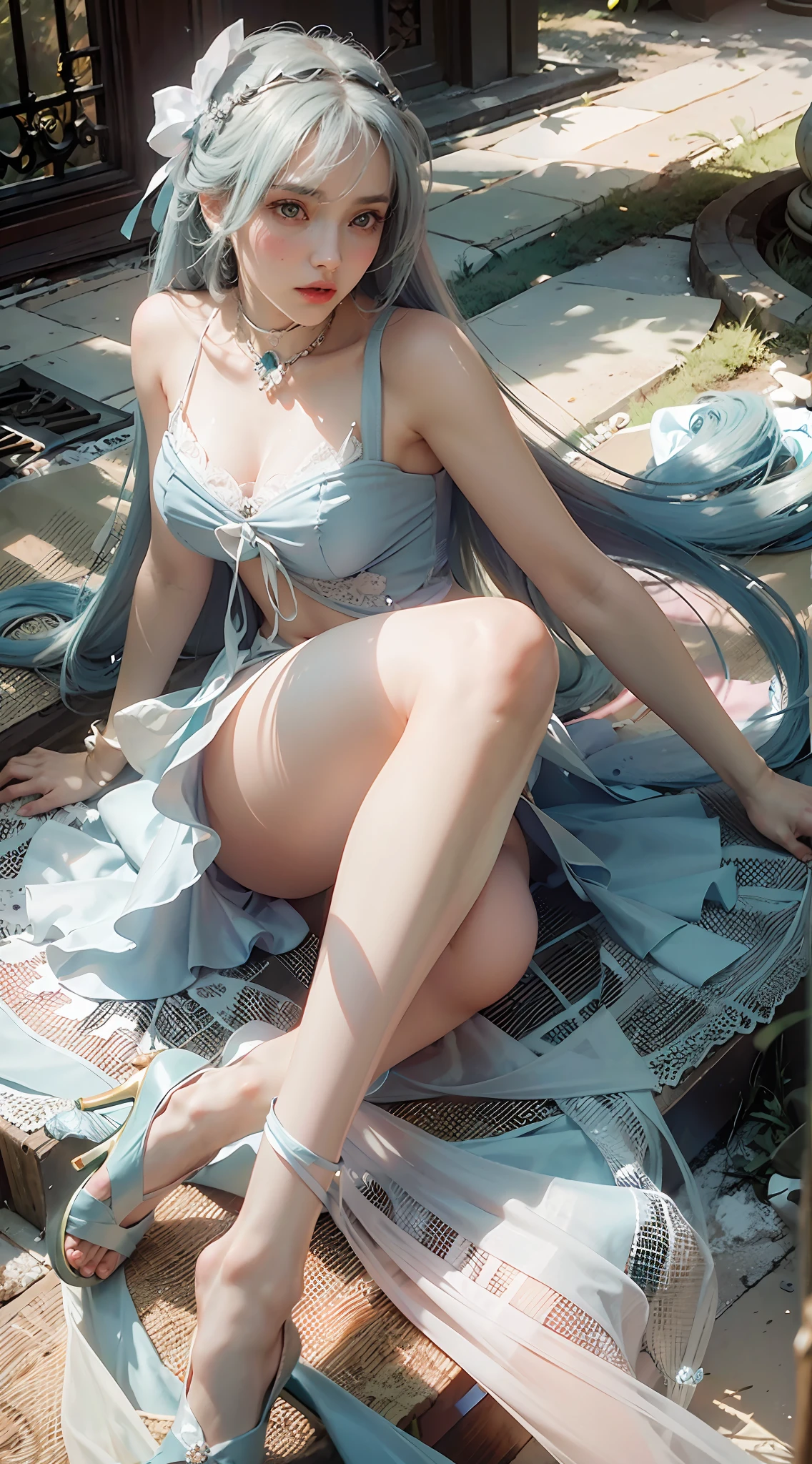 ((Best Quality)), ((Masterpiece)), (Details: 1.4), 3D, A Beautiful Beauty, (Light Blue Long Hair, Ribbon: 1.9), (Pure White Long Dress: 1.7), (Crystal Shoes: 1.6) (Green Eyes: 1.5), HDR (High Dynamic Range), Ray Tracing, NVIDIA RTX, Super-Resolution, Unreal 5, Subsurface Scattering, PBR Textures, Post-processing, Anisotropic Filtering, Depth of field, maximum sharpness and sharpness, multi-layered textures, albedo and specular mapping, surface shading, accurate simulation of light-material interactions, perfect proportions, Octane Render, two-color light, large aperture, low ISO, white balance, rule of thirds, 8K RAW,