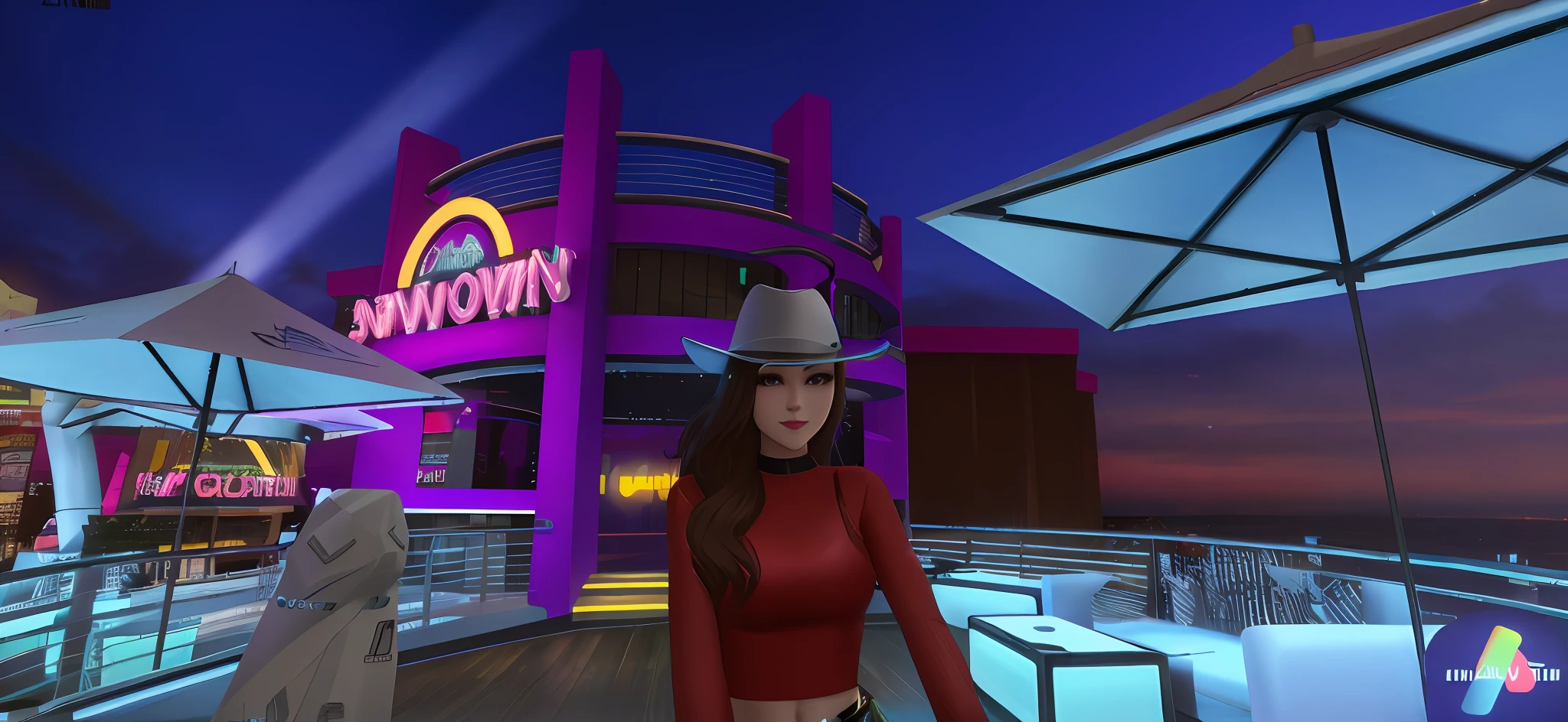 there is a woman walking down a boardwalk in a virtual world, second life avatar, secondlife, at future neon light rooftop, sitting down, down-town, artstyleunknown, hair down, cowgirl, detailed photo of virtual world, outside a saloon, virtual metaverse room, downtown, close full body shot, videogame still, imvu