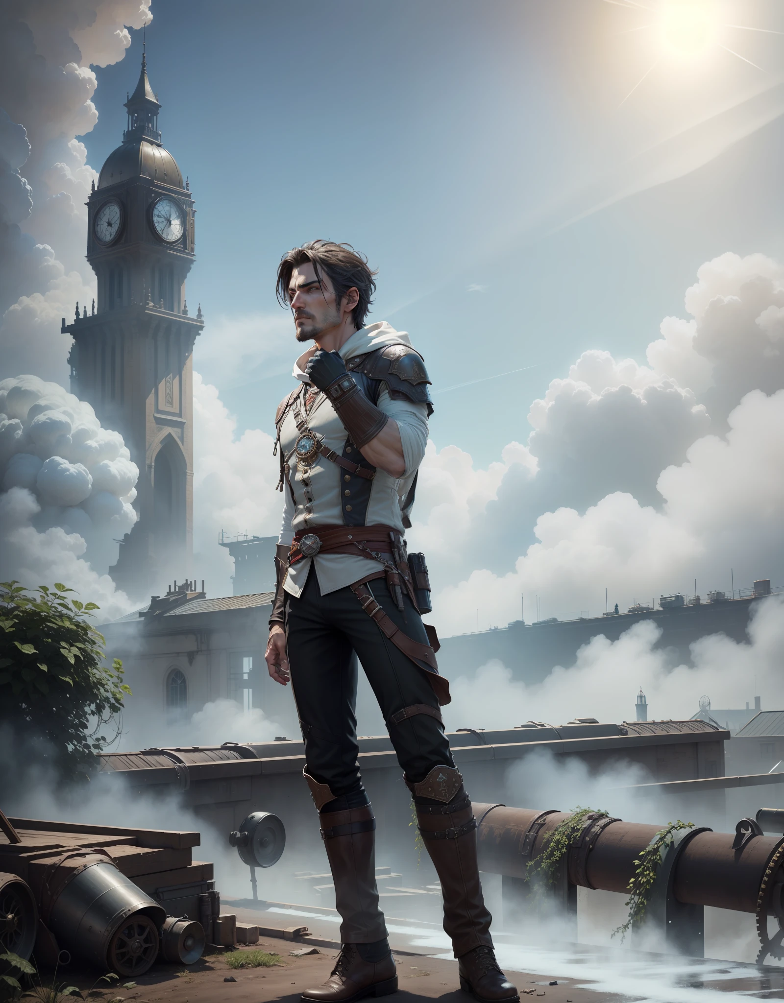 (realistic, highres, ultra detailed), 1 male, young face, mature, manly, tall muscular, handsome, finely detailed eyes, intricate details, portrait, looking at viewer, solo, (full body:1), detailed background, assassins creed, master assassin, black rugged leather assassin clothes, hood, capelet, leather pouches, rebel, dynamic pose, fighting, steampunk setting, steampunk theme, steampunk style clothes, gears, tubes, steam, sparks, sewers in background, dirt, sunshine, roof --auto --s2