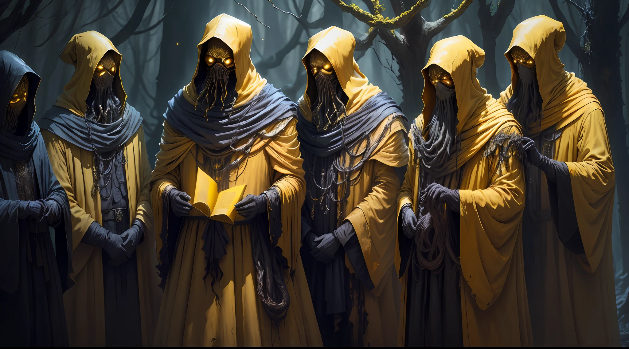 long shot, a group of yellow masked cultists making a ritual in the forest, cosmic horror, tentacles, dark mood, dark ambient, night, horror, blood, terrific, fear, panic, despair, dark yellow shadowy mist
