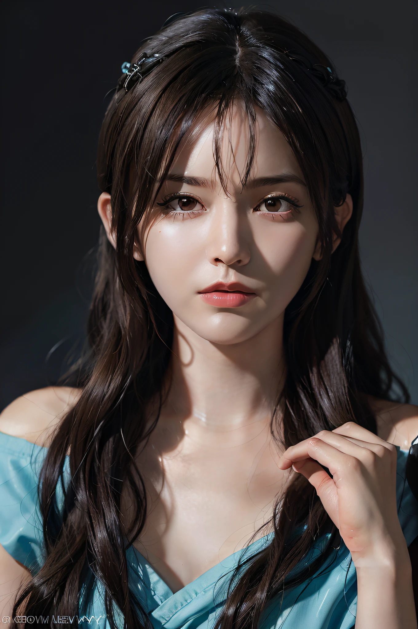 Portrait of a female hyperrealist by David Hockney and Alphonse Mucha, fantasy art, photorealistic, dynamic lighting, art station, poster, volumetric lighting, highly detailed face, 4k, award-winning, , 1girl, long hair, black hair, Japan person, cute