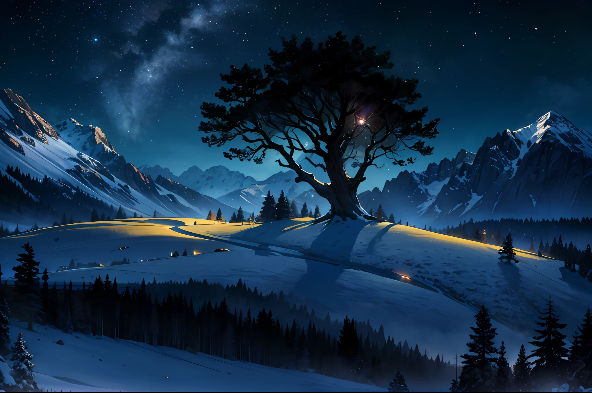 (Masterpiece, best quality: 1.4), cinematic light, colorful, high contrast, landscape, mountain, grass, tree super wide, landscape, alpine, trees, high quality, masterpiece, sharp focus, height detail, photograph, magic, night, dark effect, glow, moonlight,