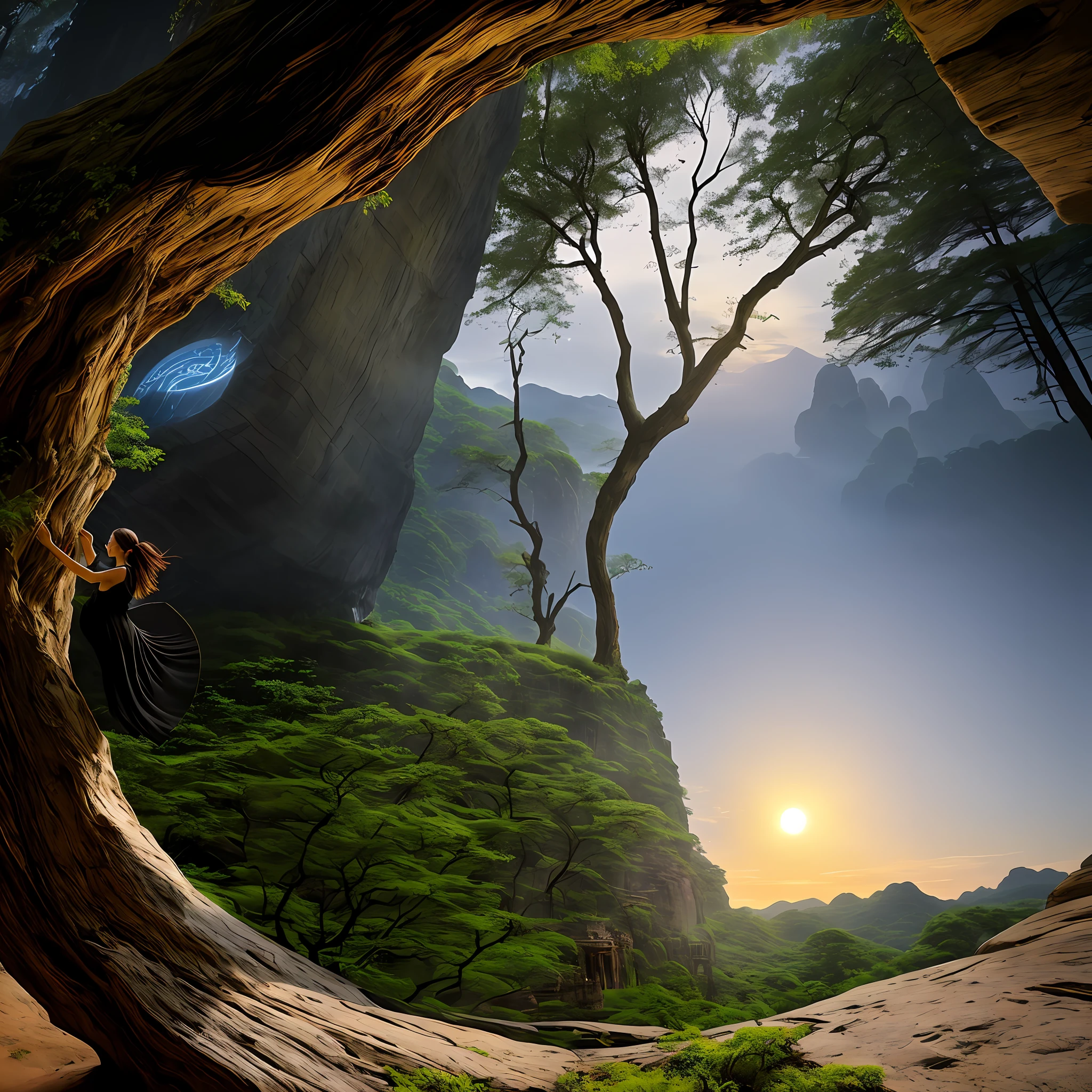 The ancient tree trunk in the foreground is in the shape of a curved moon, the middle view is a 7,000-year-old Asian stone dwelling, the background is full of waterfalls, and the photo taken with the Sony A7R camera is clearly focused on the landscape,