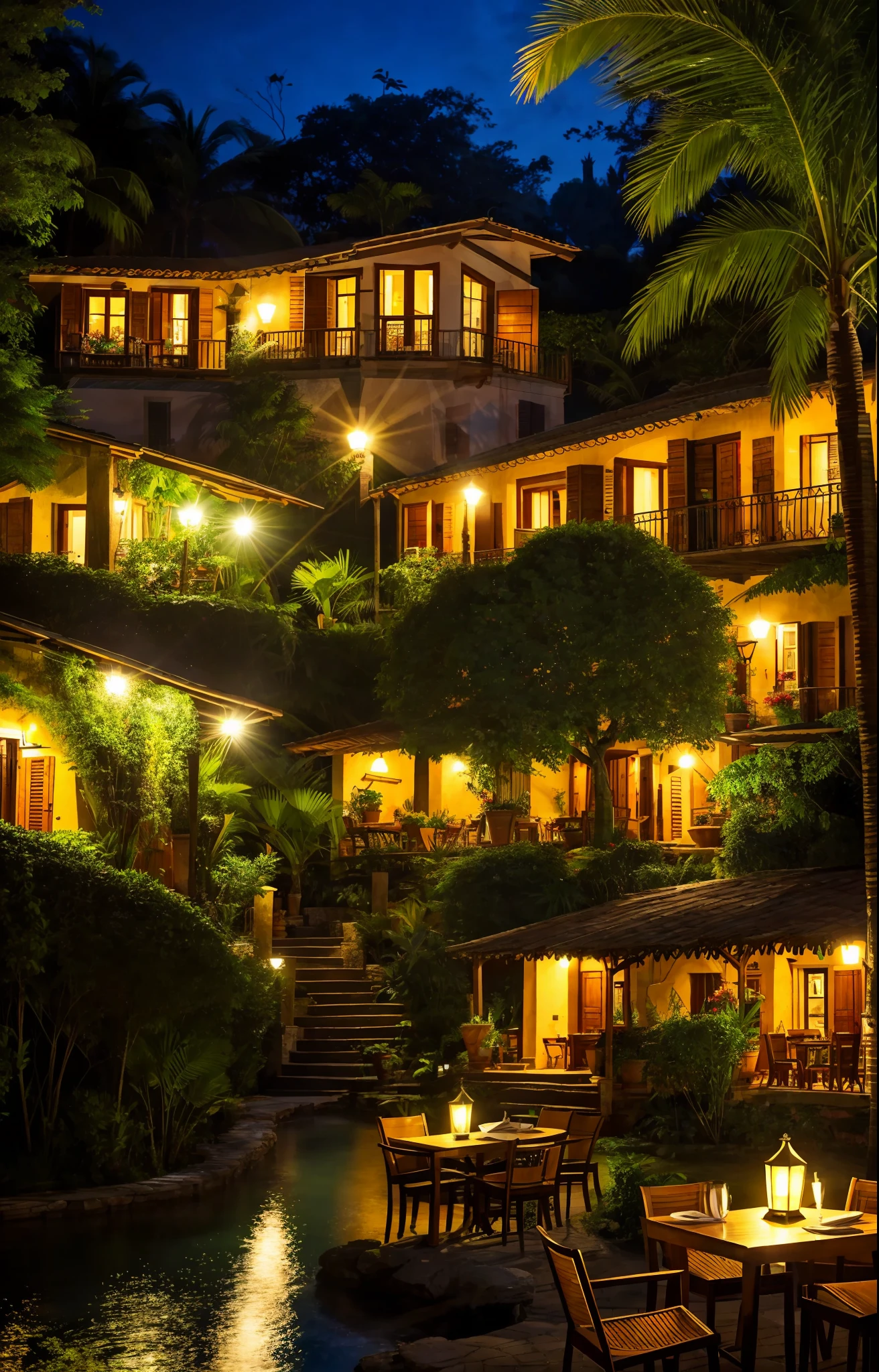 Italian village in a tropical forest at night with cozy restaurants