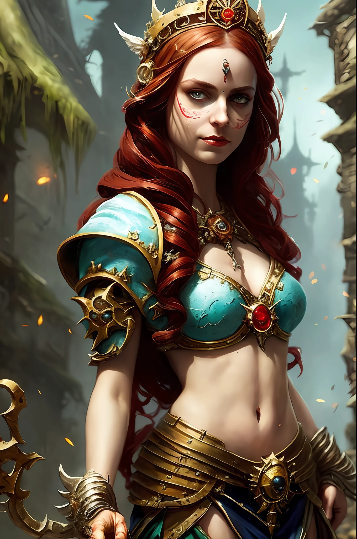 One (full body: 1.3) shot in 8k resolution, splash art, fantastic comic book style, photorealistic, anatomical realistic digital painting portrait of a Latina woman (mexican muertos queen: 1.3) in white (silk dress: 1.1), (long curly red hair:1.1), (medieval city:1.3), particle of light,, very detailed skin, very detailed eyes, (elden ring style:1.3), (Warhammer style:1.1), conceptual artist, global lighting, depth of field, splash art, art by Artgerm and Greg Rutkowski and Viktoria Gavrilenko