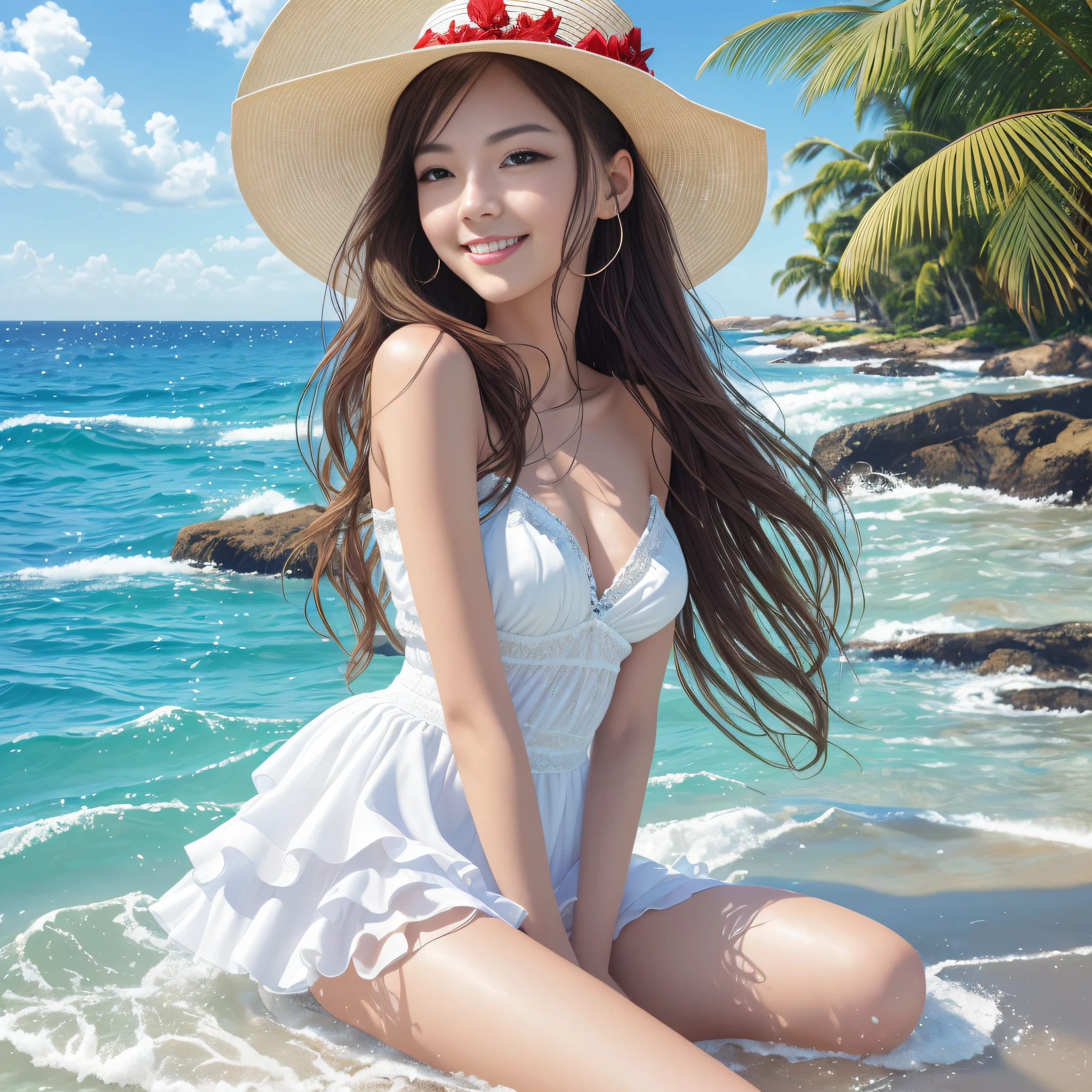 (8K:1.27), Best Quality, Masterpiece, Ultra High Resolution:1.2 No overlapping faces, on the seaside reef Sit sideways and smile back Beautiful woman in white dress without showing waist Bright eyes Red lips Sweet smile Pastoral straw hat Fancy gauze hat Flying in the wind Delicate facial features 8K HD Little White Booties Best Ratio Large aperture Bokeh 1.4 aperture Blue sea in the background Splashing Girls slender waist Long legs HD Skin Sweet looking Dreamy Aesthetic Ultra-detailed face, detailed skin, high-textured skin, highly detailed lips, Detailed eyes, double eyelids, long eyelashes --auto --s2