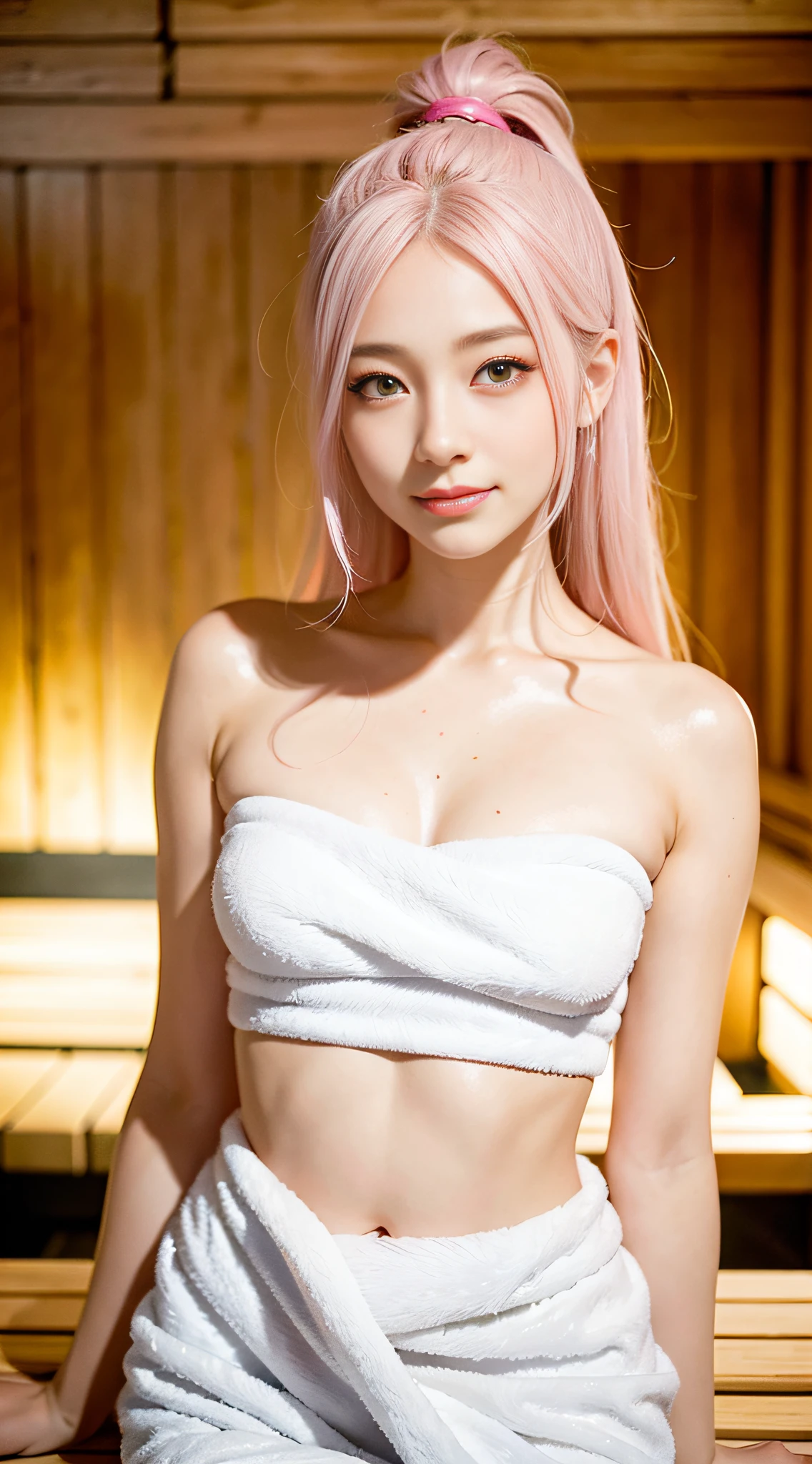 A girl (wearing towel, inside_sauna:1.3),best quality, masterpiece, illustration, an extremely delicate and beautiful, extremely detailed wallpaper, CG Unity wallpaper, extremely detailed, CG Unity, unit, 8k, incredible, with fine details, masterpiece, official art of the best quality 8k, CG Unity wallpaper absurd, absurd, incredibly absurd, size of huge, ultra-detailed, high-resolution, extremely detailed file, beautiful detailed girl, extremely detailed eyes and face, beautiful detailed eyes, (RAW photo, best quality), (realistic, photorealistic: 1.3), light on the face, full body, full body photo, ((face in the shape of a triangle)), (whitish pink hair: 1), long hair, (big and perfect eyes), ((puffy eyes)), ((small breasts)), (fantastic breasts)), (fantastic breasts)), (Idol of the Pop), (aegyo sal), bangs, thin, (posing), (smiling), happy, looking at the viewer, from front