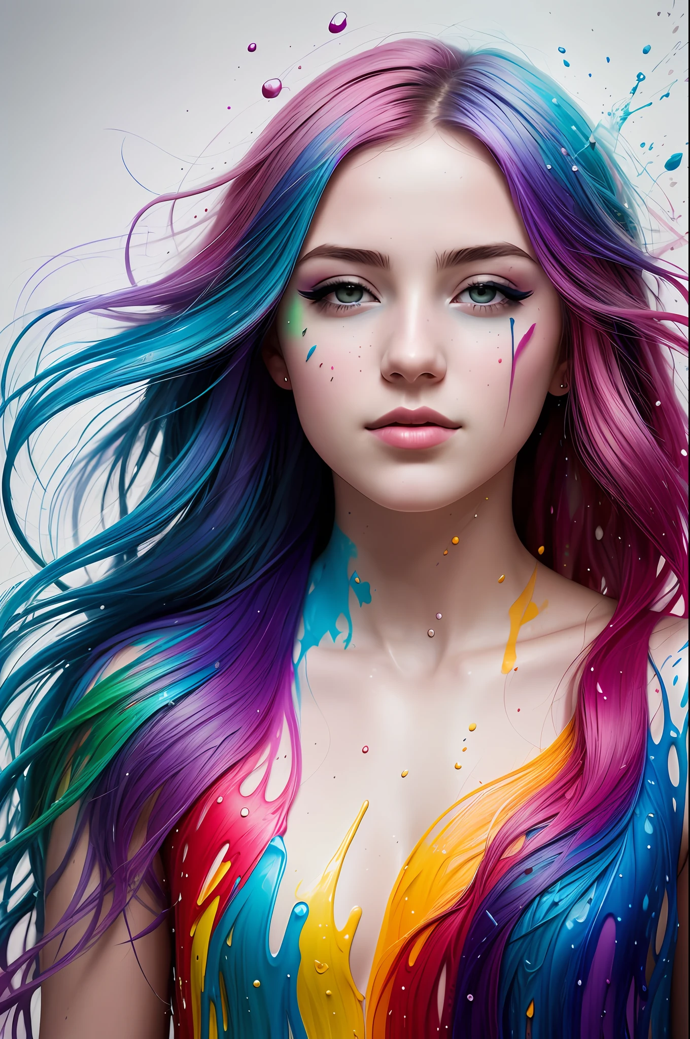 (level difference: 1.8),(Painting colliding and splashing on the canvas),(depth of field),1the girl's side face blends with it,((side face)),open mouth,(rainbow hair liquid paint:1.1) made of painting and defies gravity, thick flow, (paint splashes: 1,3), liquid state, incredibly beautiful, masterpiece, detailed background, high quality model, ethereal background,  abstract beauty, explosive volumetric, oil painting, heavy brushstrokes, romantic lighting, sub-surface scattering, 135 mm lens, f1.8, brightness, 8k, high resolution, dreamy, ray tracing, hdr, divine rays, very high quality 4k.