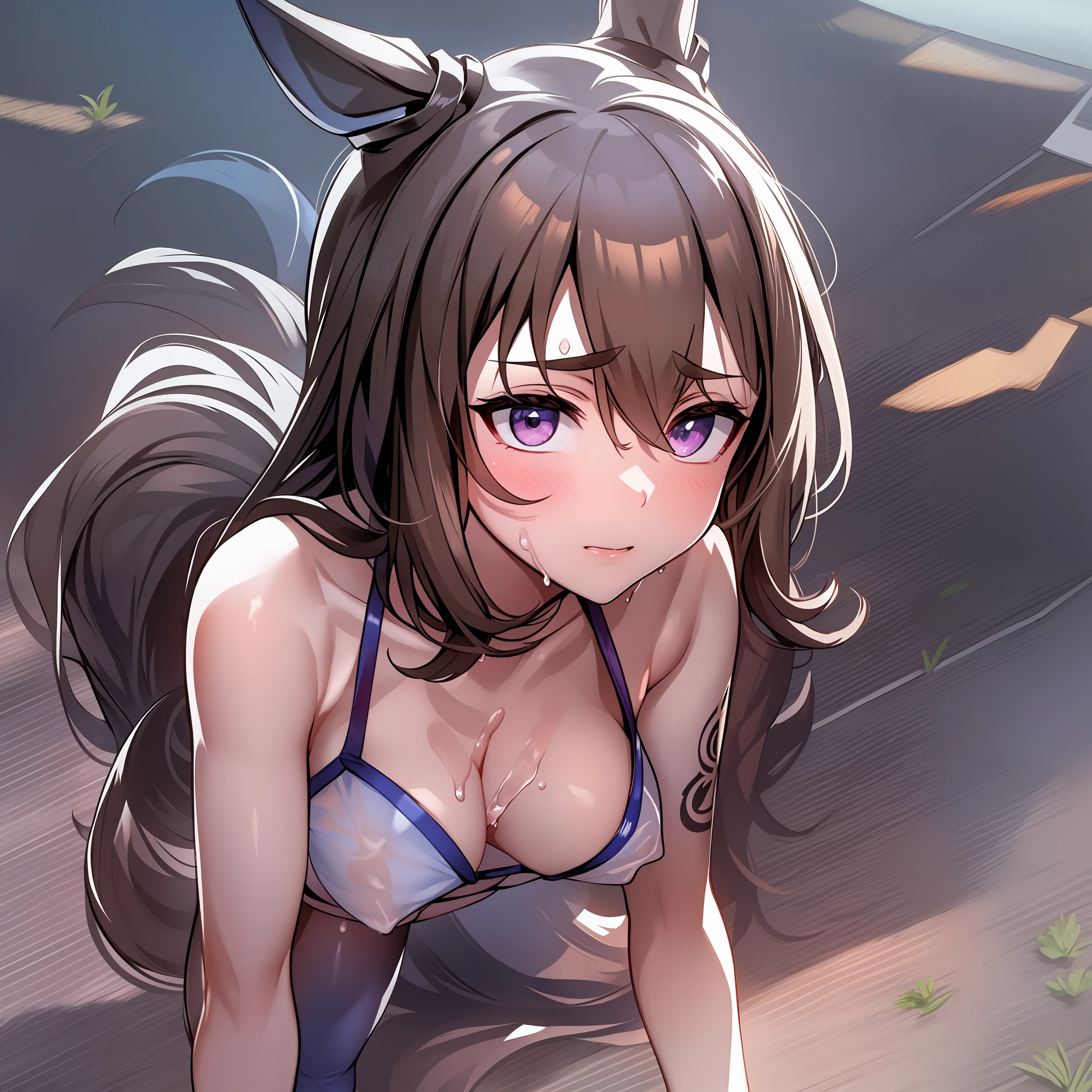 Admire Vega, Small and Hard Nipples Uma Musume Pretty Derby, Very Slender, Uma Musume Pretty Derby, Nipple Out, See-Through Ultra Micro Bikini, Bikini Loose, No Bra Strap, No Panty Strap, Panties Loose, Crawling on All Fours, Estrus, Very Erotic Expression, (No puddles in the background or on the ground, no rivers or ponds), ( The whole body is very wet), very sweaty, beautiful splash, careful description of expression, beautiful description of eyes, small beautiful pink areola, beautiful white skin, good atmosphere, alone, red cheeks, thin waist, thin thighs, thin legs, feminine soft body, side description smooth and careful, crotch description carefully, depiction of the inside of the groin naturally carefully,