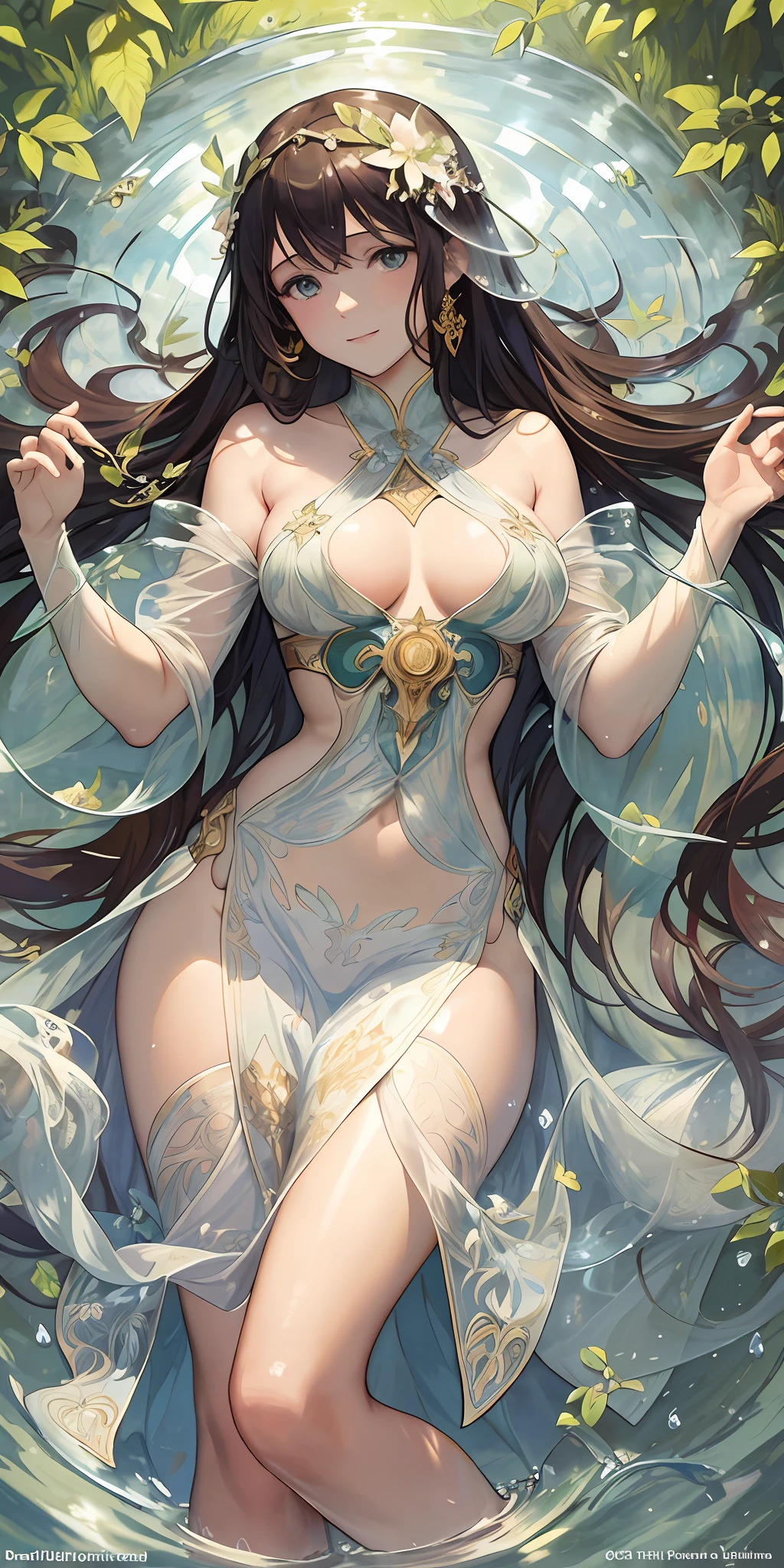 Top quality ultra-fine illustrations by Alphonse Mucha, Art nouveau, bathing in water, beautiful refraction of water, white dress soaked in water, transparent clothing, Delicate and elegant linework, Decoration with plant motifs, Geometric decoration, Poetic atmosphere, Rich colors, Dreamy, mystical, erotic, tarot card(In the forest where the stream flows, Backlighting)(beautiful face and eyes with great detail)(angelic cute girl, solo focus)absurdres, perfect anatomy, full body, Smile(portrait),