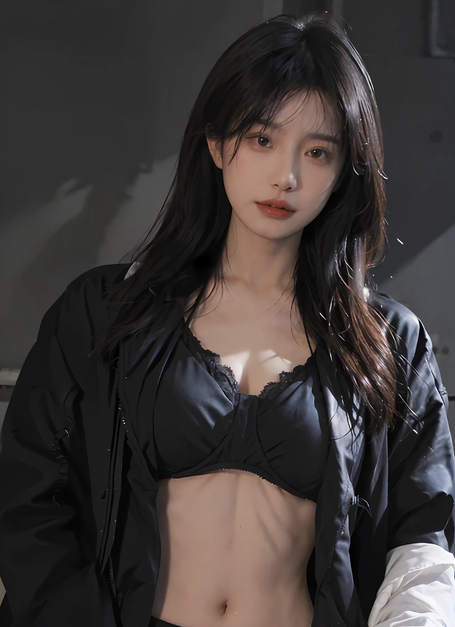 Best quality,masterpiece,ultra high res,(photorealistic:1.4),1girl,sexy,(open black coat:1.2),(bra:1.2),(large breast:1.3),(upper body:1.4)