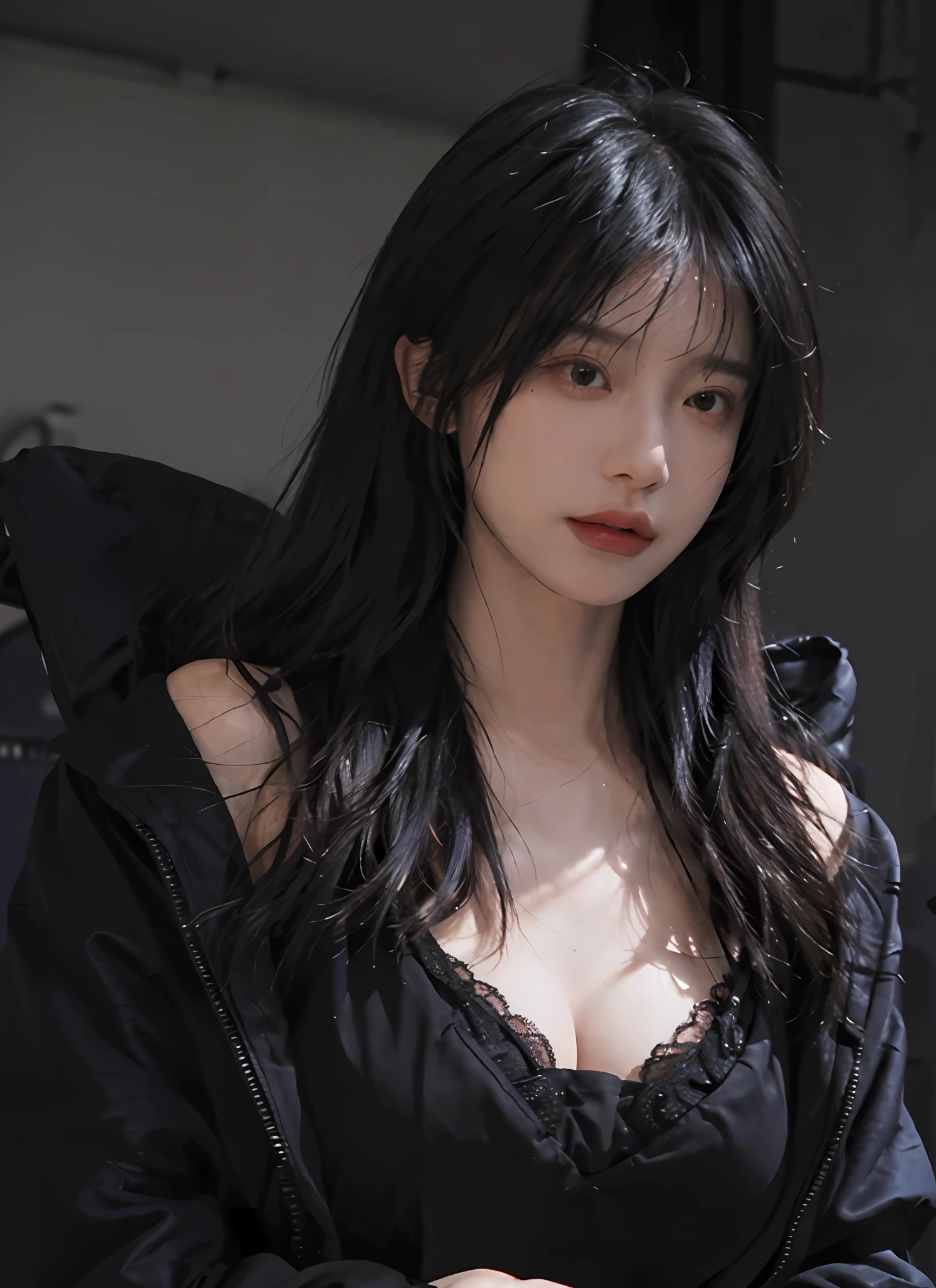 Best quality,masterpiece,ultra high res,(photorealistic:1.4),1girl,sexy,(open black coat:1.2),(bra:1.2),(large breast:1.3),(upper body:1.4)