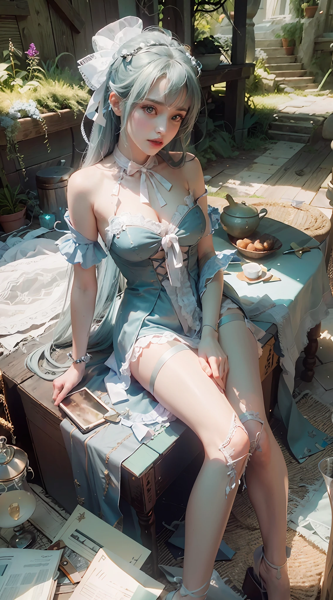 ((Best Quality)), ((Masterpiece)), (Details: 1.4), 3D, A Beautiful Beauty, (Light Blue Long Hair, Ribbon: 1.9), (Pure White Long Dress: 1.7), (Crystal Shoes: 1.6) (Green Eyes: 1.5), HDR (High Dynamic Range), Ray Tracing, NVIDIA RTX, Super-Resolution, Unreal 5, Subsurface Scattering, PBR Textures, Post-processing, Anisotropic Filtering, Depth of field, maximum sharpness and sharpness, multi-layered textures, albedo and specular mapping, surface shading, accurate simulation of light-material interactions, perfect proportions, Octane Render, two-color light, large aperture, low ISO, white balance, rule of thirds, 8K RAW,