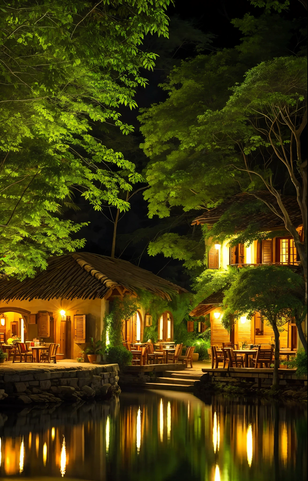 Italian village in a tropical forest at night with cozy restaurants, lake, reflection, vibrance