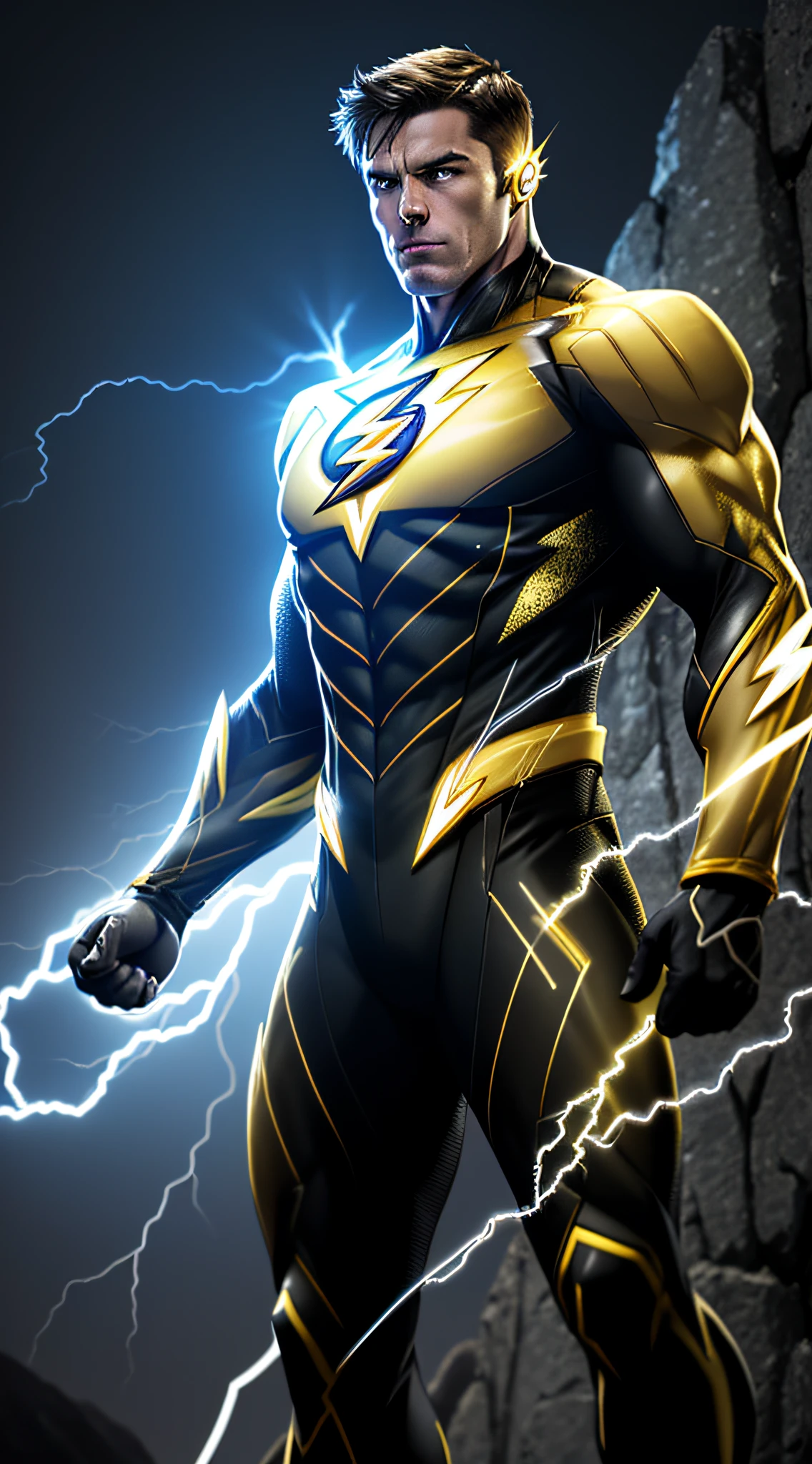 The Flash, best quality, high resolution, tall, muscular, hunk, black and yellow glowing suit, light gold lightning trail, black and yellow lightning symbol on the chest, detailed face, detailed suit, masterpiece, tunnle of light in the background, 4k, raw photo