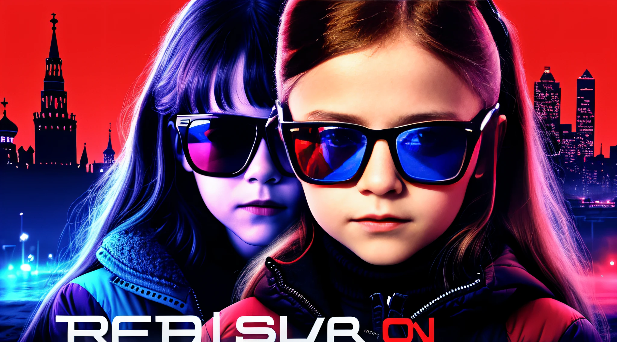 There is a Russian child girl, 10 years old, with a red and blue face painted on her face, 3D film still, sunglasses, wearing 3D glasses, in a style that mixes æon flow, dark tones, 3 - D 4 K, 3-D 4K, Tech-Noir, digital sunglasses, Tech Noir, promotional image of the film, amazing,  technology glasses, poster photo