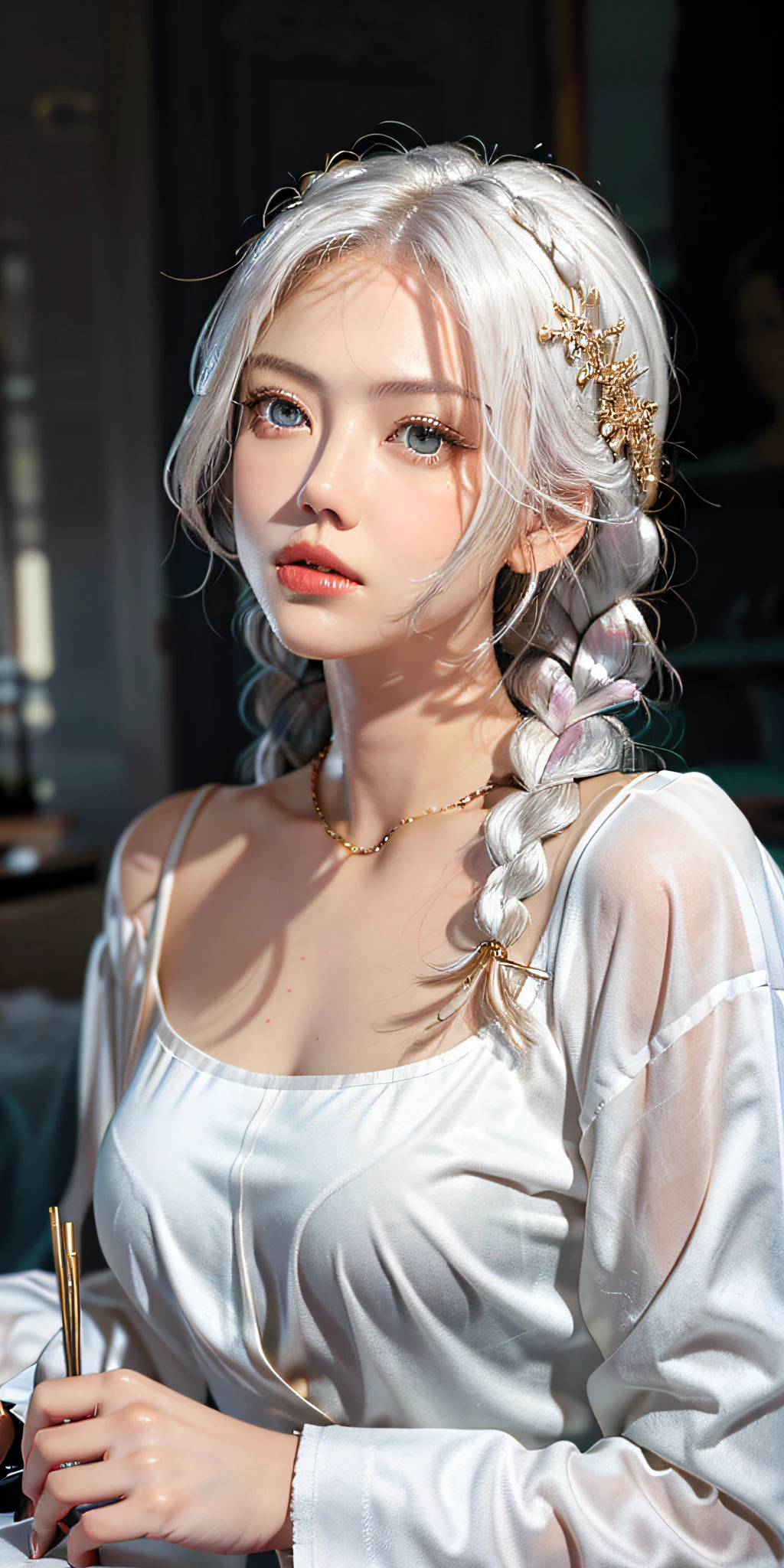 best quality, masterpiece,white hair, gold eyes,white clothes, looking up, upper body,hair strand,Fair skin,side braids