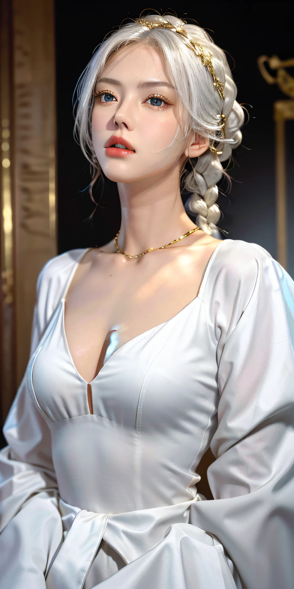 best quality, masterpiece,white hair, gold eyes,white clothes, looking up, upper body,hair strand,Fair skin,side braids